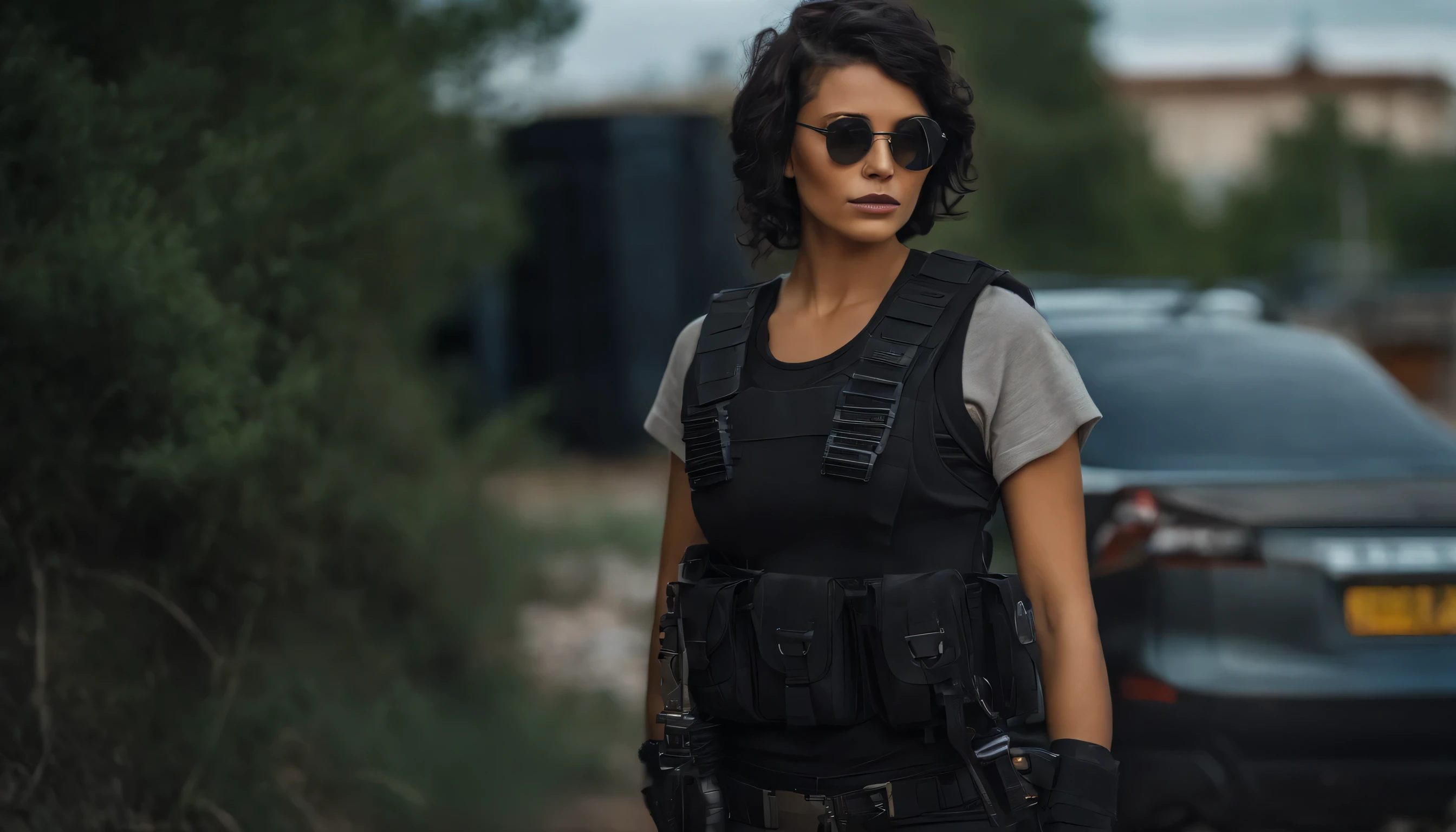 Un primer plano de una persona con una camiseta negra y algunas armas, Photograph of a brunette woman wearing technological clothing, pantalones tipo cargo. ciudad ciberpunk, Soldado mecanizado, con top negro y armadura, traje ciberpunk, Post-apocalyptic vibes, Toda la ropa ciberpunk negra., ropa estilo cyberpunk, ciberpunk femenino, Chica ciberpunk, In a post-apocalyptic setting, Cyberpunk diosa enojada lind