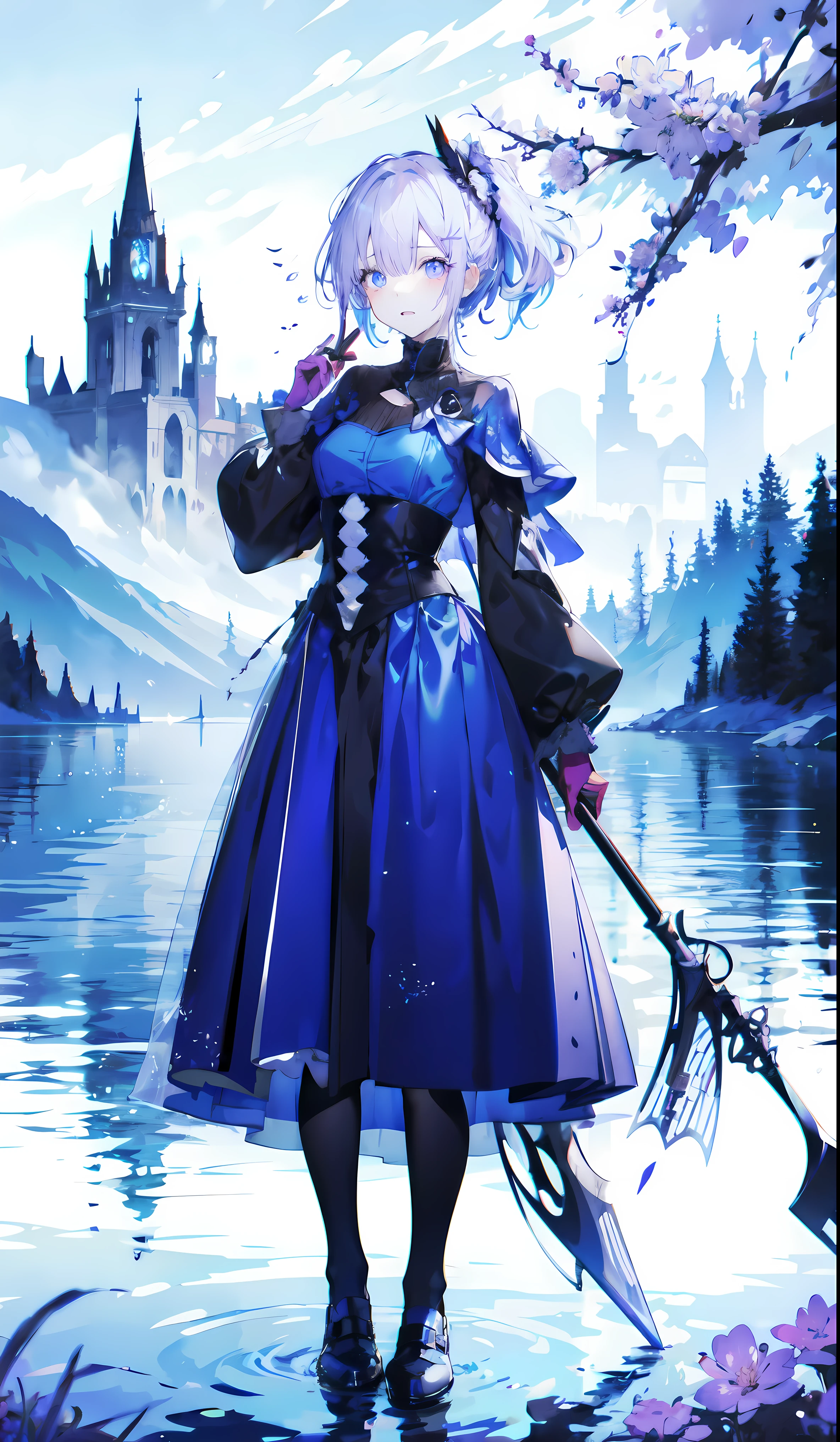 ((masterpiece:1.4,best quality)),(Super detailed),(Extremely detailed eyes),(Black leggings,Shiny socks:1.5),Hello Darkness
(Cute girls),,(Blood-red pupils,Diamond-shaped pupil:1.15),Purple Eyeshadow,(Elongated hair,Thick hair,Single ponytail,shiny hair:1.5)(Variza:1.2),Fair skin,despair,Grief,Empty eyes,Tears streaming down my face,tilt head to one side,Kneel down
(She wears blue armor,A blue dress,:1.5),(blue gloves:1.4)Very long plush sleeves,White,White Cloud,Dream bubbles ,Ice and glitter effects
(Black long skirt:1.1),
(dawn:1.2),
(Intense black and white:1.16),(Depth of Field:1.4),,Intricate details,(Sky Castle,Standing on the lake,Purple flowers by the lake)
