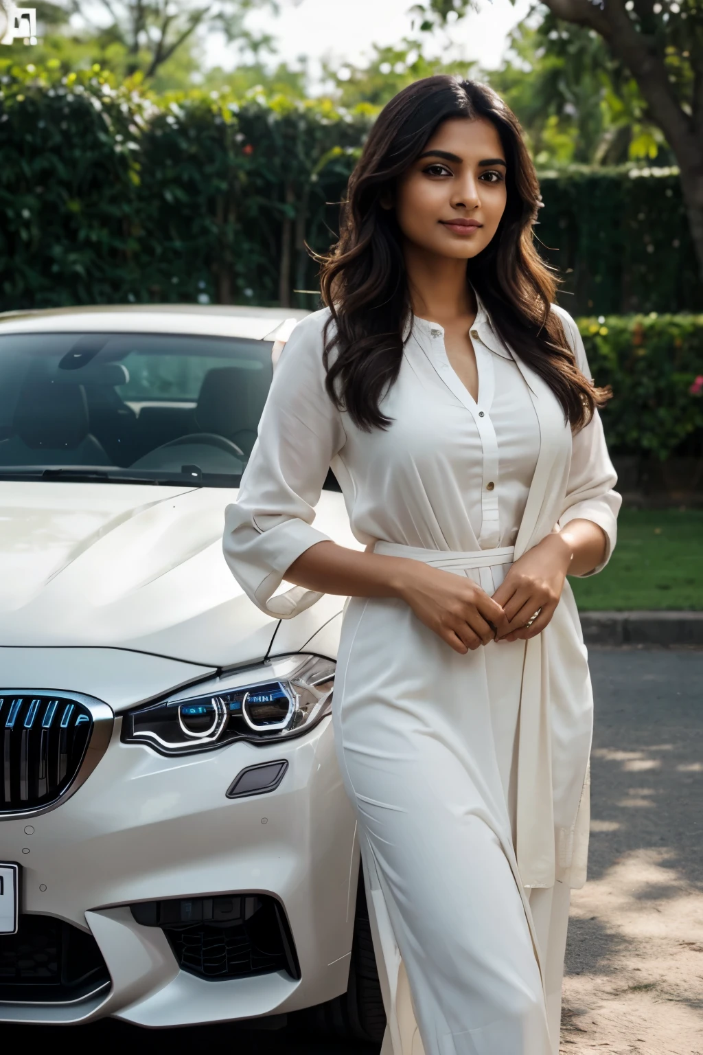 A charming indian woman, with an elegant posture and incomparable beauty. Her soft dimples and realistic expression lines add authenticity. Her skin is illuminated by the sun's rays, highlighting her beauty. She is dressed in long, sophisticated clothes. In the background, there is a more Cars, BMW, Nissan . To capture this extraordinary scene, a high-resolution camera such as the Phase One XF IQ4 150MP is required. The lighting is diffused and natural, minimizing harsh shadows. The camera settings include a medium aperture, adjusted shutter speed, and a high-quality wide-angle lens with a focal length of approximately 35mm to capture the entire scene in an immersive way. Sharp, precise details are captured, from wavy hair to complex clothing patterns, ensuring a natural and stunning image.
image size is 1080*1080