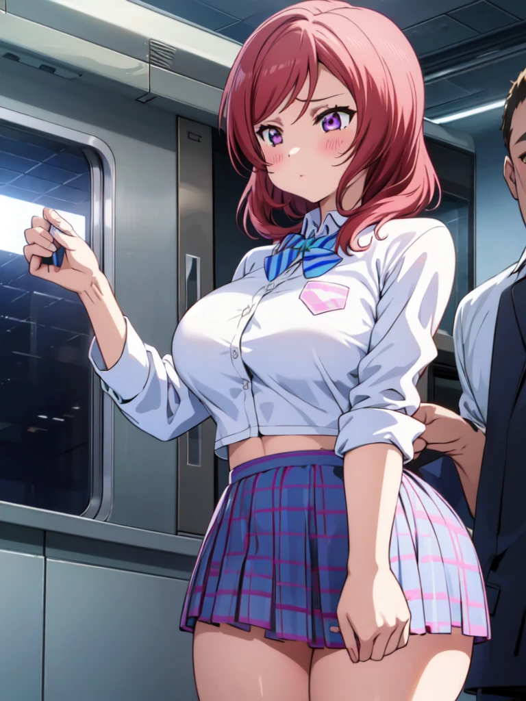 （Positive prompt）
(1 girl)++, (masterpiece)+++, (best quality)+++, (ultra cute kawaii)+++, love live!, anime colored, , tears, (steam)+++ , be molested ,feigned ignorance, wearing blazer whiteshirt ,checked skirt , (turn up a shirt), misaligned bra ,arched back, crowded train,  (many man standing behind girl )++, dynamic pose, Dynamic hand movements, (breast grab)+++, man's arm grabbing a girl's tits, (frying hands), (floating hands), (grabbing from behind),Maki Nishikino、lovelive 