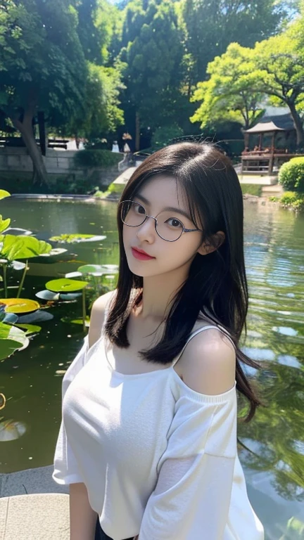 (super highest quality,Ultra HD, 8k,,Realistic,High resolution:1.2, Vivid images), (Cute Japanese Girl),(Huge breasts:1.20), Always wears glasses,  Beautiful long black hair, Big Breasts ,Very large breasts, Big Tits,超Big Breasts,  Very large soft saggy breasts, J Cup, Very large breasts, Sexy Body, Small waist,  18-year-old, Feminine and neat early summer outfit, Beautiful park with a pond, Japanese Idols, Pro Shot