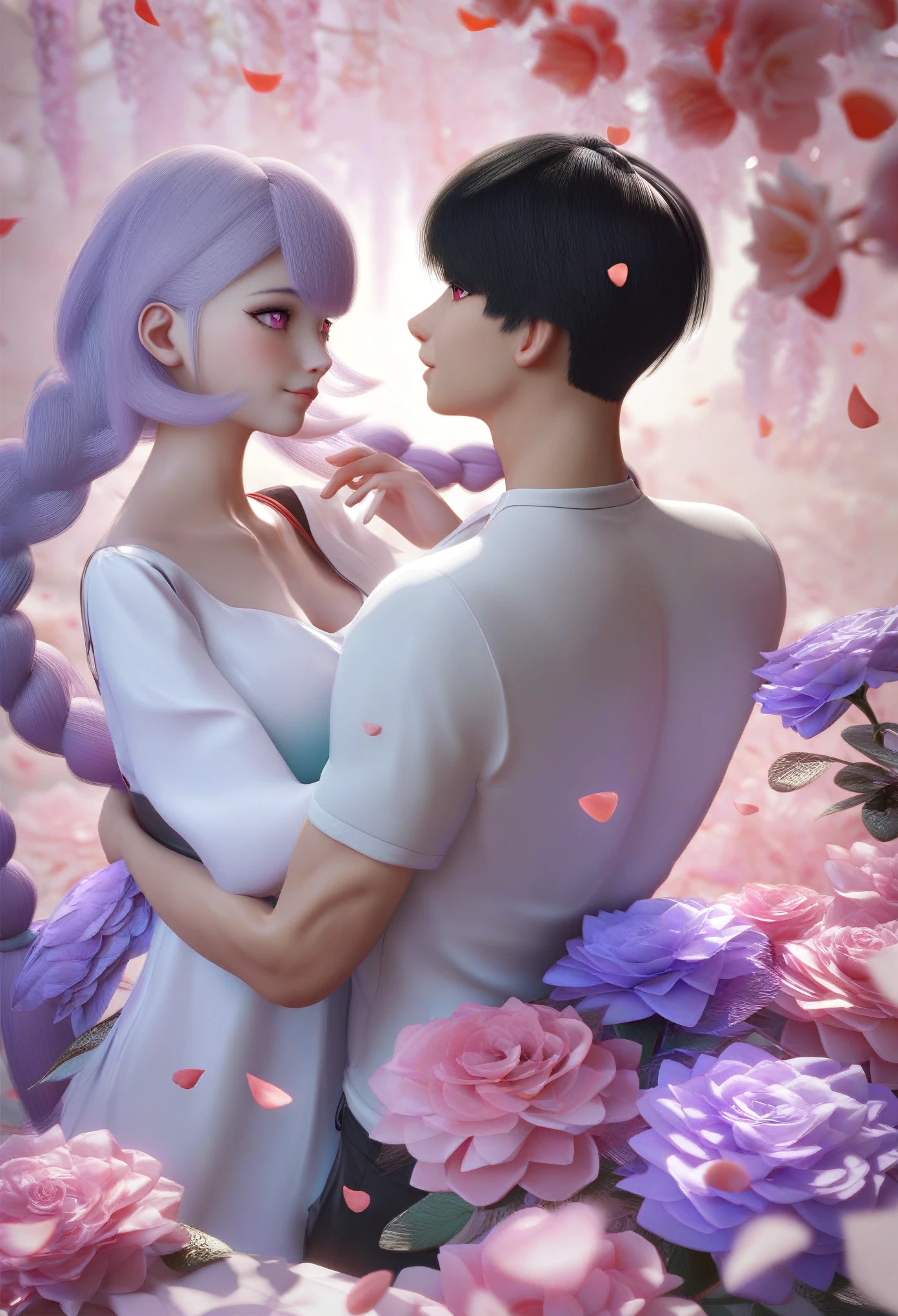 score_9, score_8_up, score_7_up, score_6_up, score_5_up, score_4_up,a picture of a couple,1 Girl and 1male,Back to back, Surrounded by amaryllis flowers,many petals flying,
yinji,1 Girl,purple_hair,purple_Eye,Very_long_twin_Braids,grey_hair,slope_hair, girl's hair is flowing,
1 boy, short black hair, shirt,(Red pupils),Cool，realistic，3d，skin texture，xianxia,rating_safe