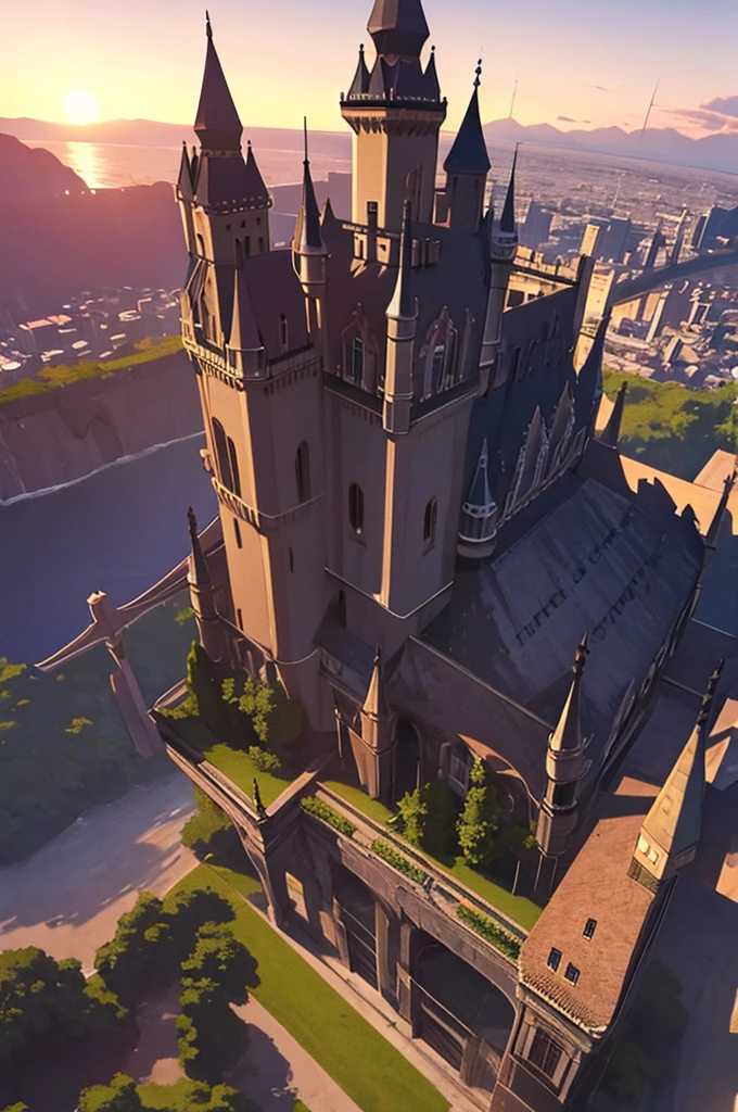 spacious place, um castelo no fundo, por do sol. animation style, 2D