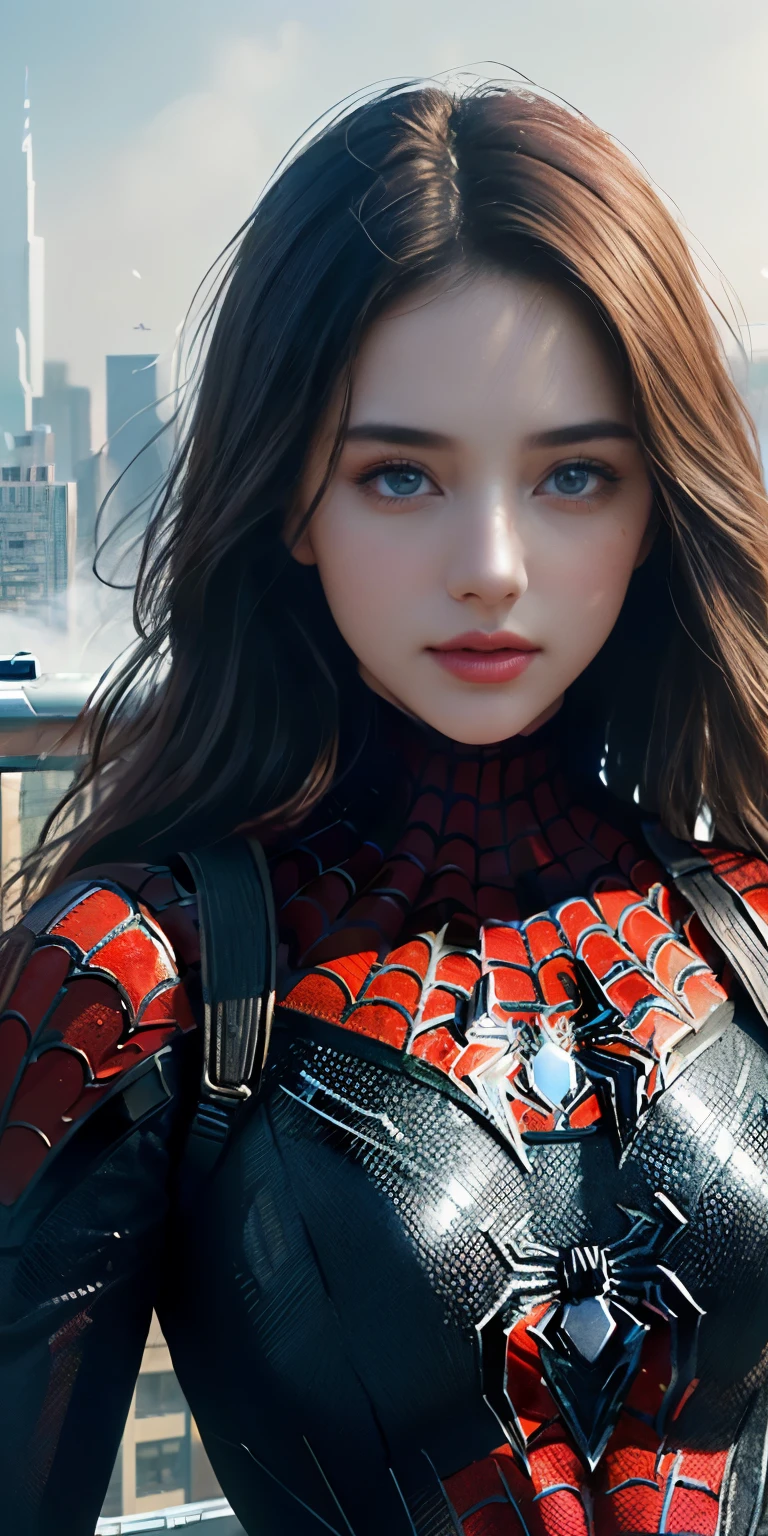 (1girl:1.3), Solo, (((Very detailed face)))), ((Very detailed eyes and face)))), Beautiful detail eyes, Body parts__, Official art, Unified 8k wallpaper, Super detailed, beautiful and beautiful, beautiful, masterpiece, best quality, original, masterpiece, super fine photo, best quality, super high resolution, realistic realism, sunlight, full body portrait, amazing beauty, dynamic pose, delicate face, vibrant eyes, (from the front), She wears Spider-Man suit, red and black color scheme, spider, very detailed city roof background, rooftop, overlooking the city, detailed face, detailed complex busy background, messy, gorgeous, milky white, highly detailed skin, realistic skin details, visible pores, clear focus, volumetric fog, 8k uhd, DSLR, high quality, film grain, fair skin, photo realism, lomography, futuristic dystopian megalopolis, translucent