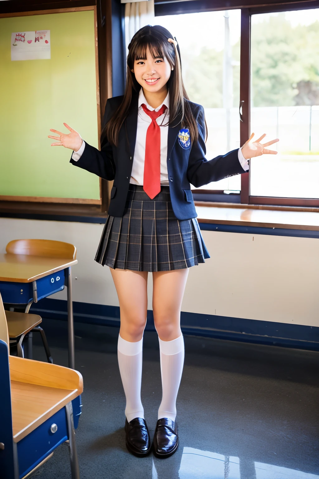 Cute long-haired Japanese high school girl standing in a school classroom、Uniform Mini Skirt、Idol Style、Smiling、Hands spread to the sides、Full body portrait、The shoes worn are loafers.