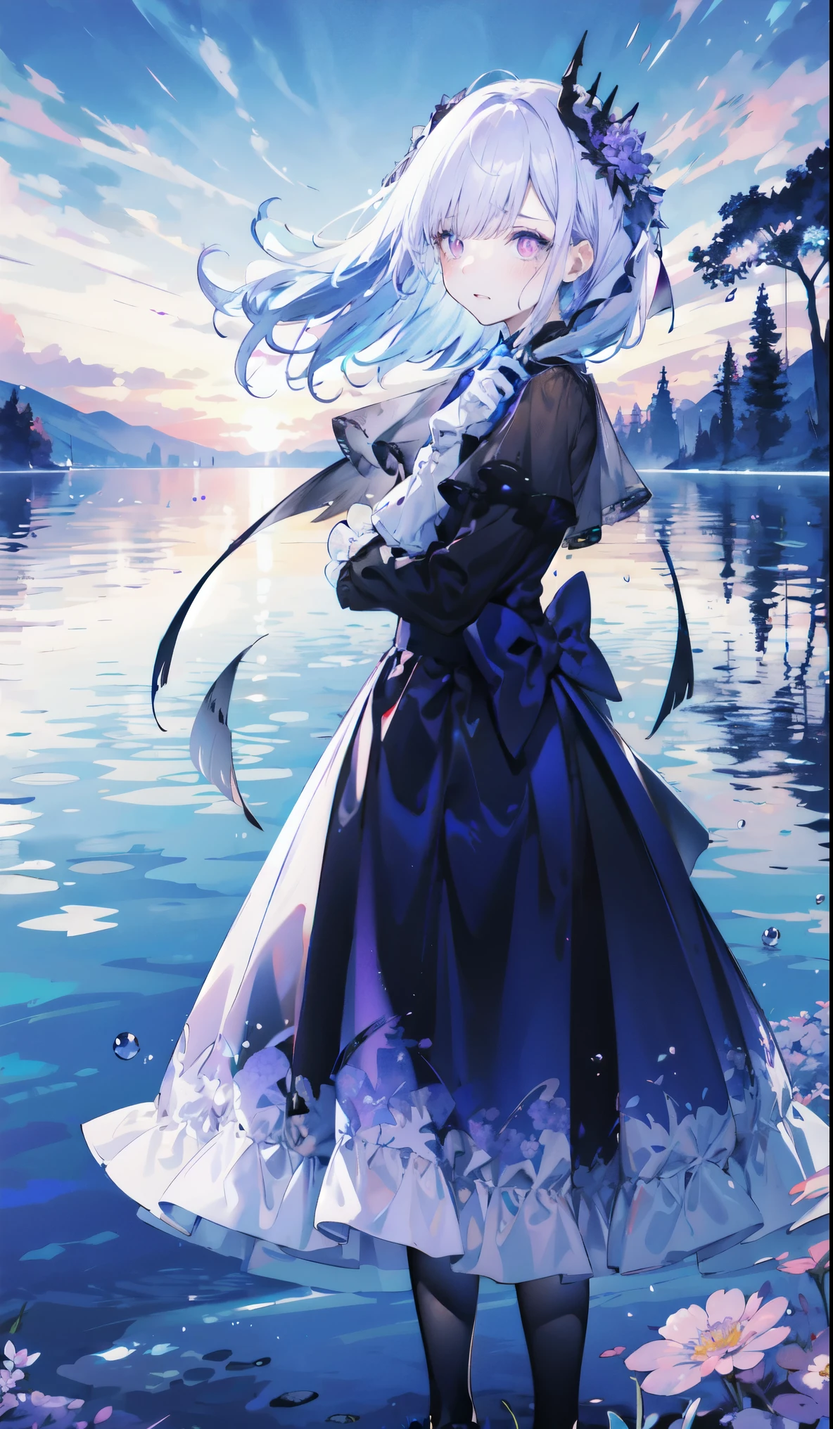 ((masterpiece:1.4,best quality)),(Super detailed),(Extremely detailed eyes),(Black leggings,Shiny socks:1.5),Hello Darkness
(Cute girls),15 years old,(Blood-red pupils,Diamond-shaped pupil:1.15),Purple Eyeshadow,(Elongated hair,Thick hair,shiny hair:1.5)(Variza:1.2),Fair skin,despair,Grief,Empty eyes,Tears streaming down my face,tilt head to one side,Kneel down
(She wears blue armor,A blue dress,:1.5),(blue gloves:1.4)Very long plush sleeves,White,White Cloud,Dream bubbles ,Ice and glitter effects
(Black long skirt:1.1),
(dawn:1.2),
(Intense black and white:1.16),(Depth of Field:1.4),,Intricate details,(Sky Castle,Standing on the lake,Purple flowers by the lake)