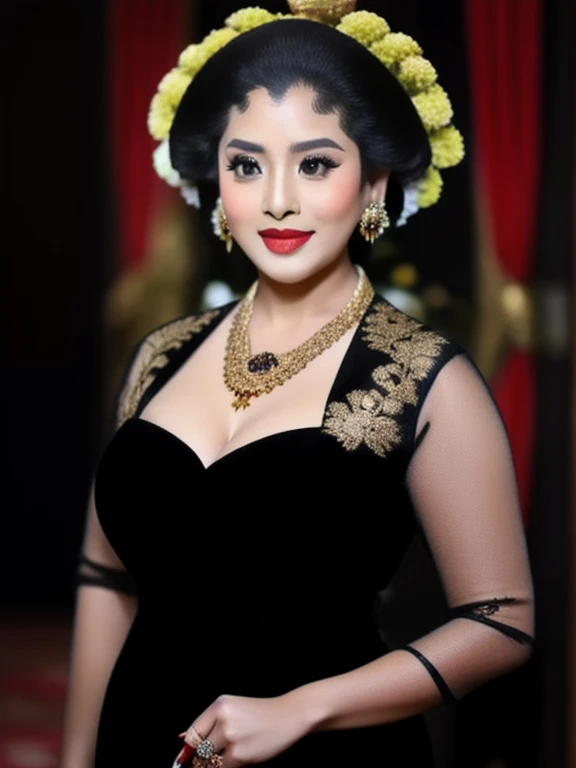 large breasts, cleavage, photography, woman,  portrait of java wedding woman in black long kebaya dress traditional, red lipstick, golden necklace, earrings, ornate, detail, flowers, look at viewer,