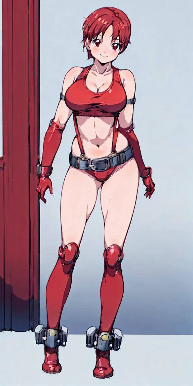 (plain background, 8k, best quality, masterpiece, realistic, photo-realistic:1.37) (full body height standing straight symmetrical contrapposto) (looking at viewer) 2legs apart (wide stance) ultra detailed, 1solo cute girl (beautiful detailed eyes) (smile:1.2) (closed mouth) view from below depth of field, good composition, bob hair, perfect knockers, suspenders, toned body, athletic, wide hips, thin waist, toned arms, exposed abdomen, abs toned, navel, big belly button belt ((red cheeks, red eyes, red tank top, red thong, red gloves gauntlets, red stockings thighs)) (Kei Kishimoto)