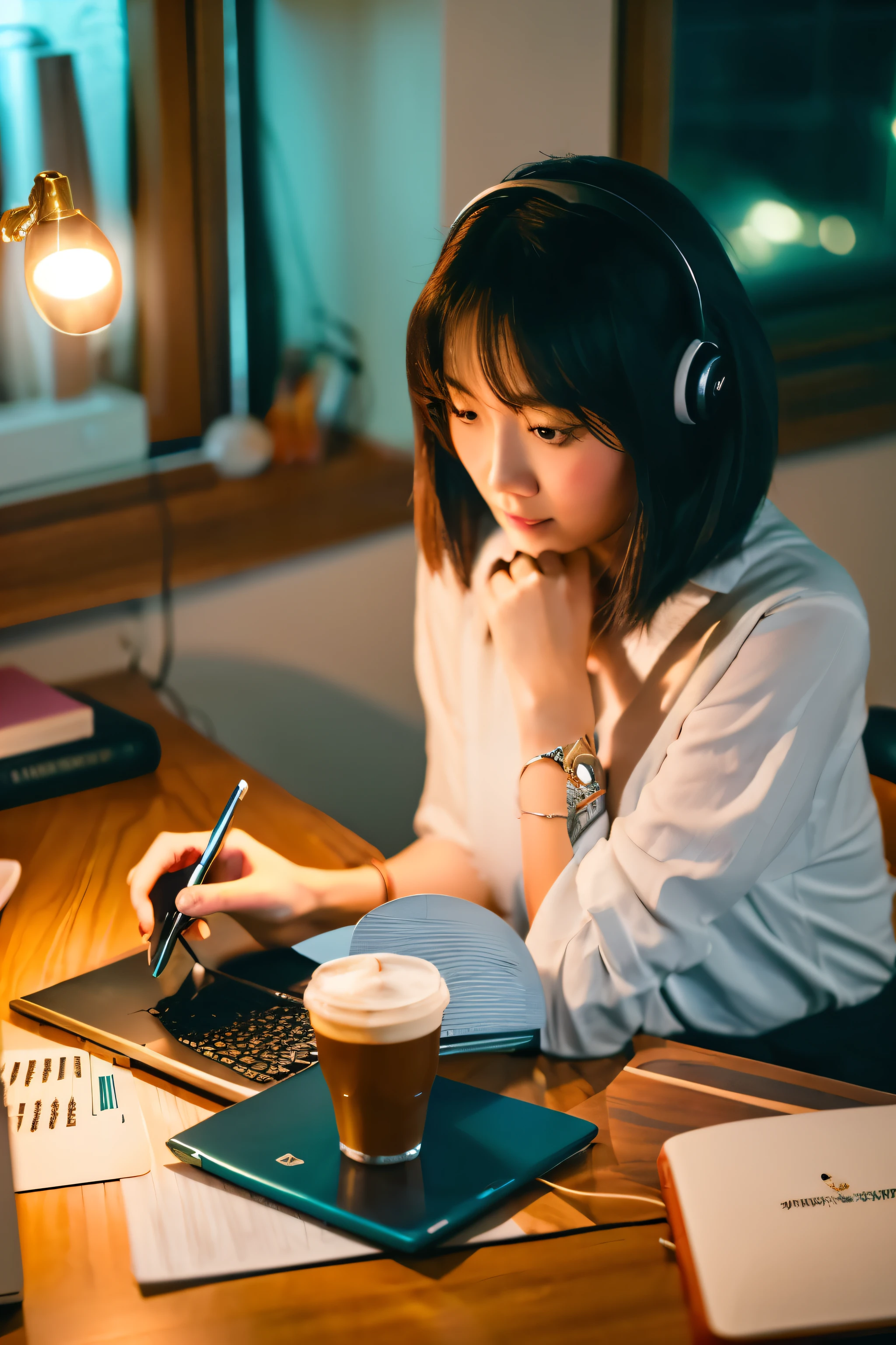 A beautiful 25-year-old asian women studying at her desk. On the desk is a lamp, cup of coffee, laptop and book. She listens to lofi music as she studies late into the night.