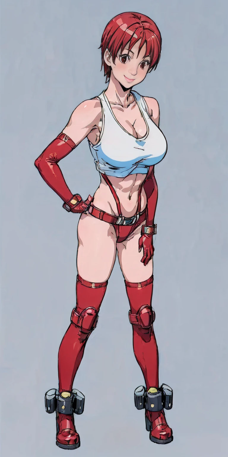 (plain background, 8k, best quality, masterpiece, realistic, photo-realistic:1.37) (full body height standing straight symmetrical contrapposto) (looking at viewer) 2legs apart (wide stance) ultra detailed, 1solo cute girl (beautiful detailed eyes) (smile:1.2) (closed mouth) view from below depth of field, good composition, bob hair, perfect knockers, suspenders, toned body, athletic, wide hips, thin waist, toned arms, exposed abdomen, abs toned, navel, big belly button belt ((red cheeks, red eyes, red tank top, red thong, red gloves gauntlets, red stockings thighs)) (Kei Kishimoto)