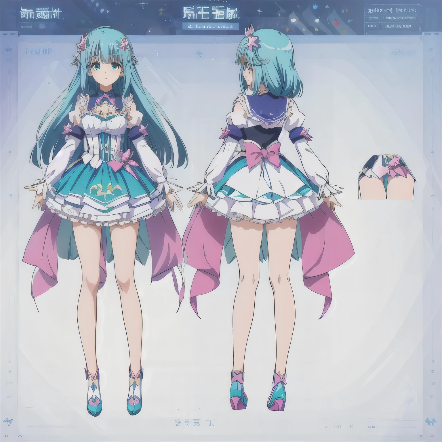 Pretty Cure,Cure Milky,Anime girl with blue hair and a star crown on her head,Turquoise hair anime girl, Cute anime face,(masterpiece, 最high quality), Intricate details, One girl, Long Hair,Anime full body illustration, Possibility of whole body use, Costume Design, Full body details, Full body with costume,Short skirt,Single character,ultra-detailed,beautiful eyes,best quality,master piece,high resolution,Front view,8k,high quality, High resolution,4K,hd,(Well designed face),Great face,(Very detailed), Beautiful Eyes, Anime full body illustration,All sizes required,