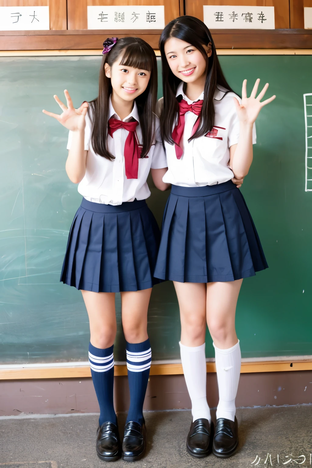 Cute long-haired Japanese high school girl standing in a school classroom、Uniform Mini Skirt、Idol Style、Smiling、Hands spread to the sides、Full body portrait、The shoes worn are loafers.