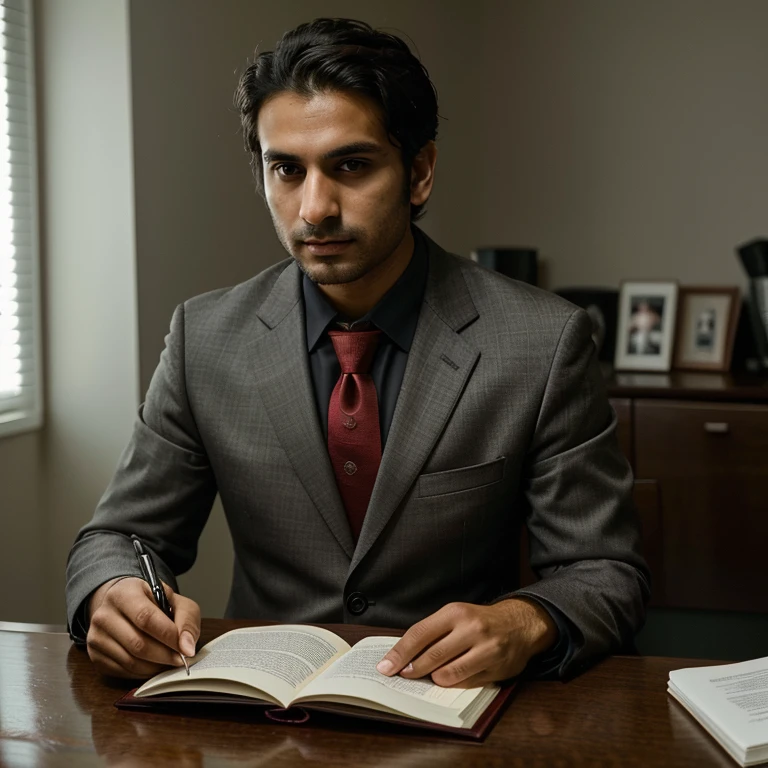 Alok, ((27-year-old)), ((dark and small haired)), ((intense gaze)), dressed in a formal suit, ((small hair,)), sitting at a table with a glass of wine, ((good-looking man,)), ((self-confident advocate )), holding a notebook, ((deep in thought,)), front view, ((business meeting,)), high-definition, ((detailed, realistic,)) photo taken with Canon, brown eyes with a hint of exhaustion, intense expression, wearing a red tie, ((intellectual, focused)), work environment, ((soft lighting),), ((masterpiece, best quality,),), XF IQ4, 100MP, 3