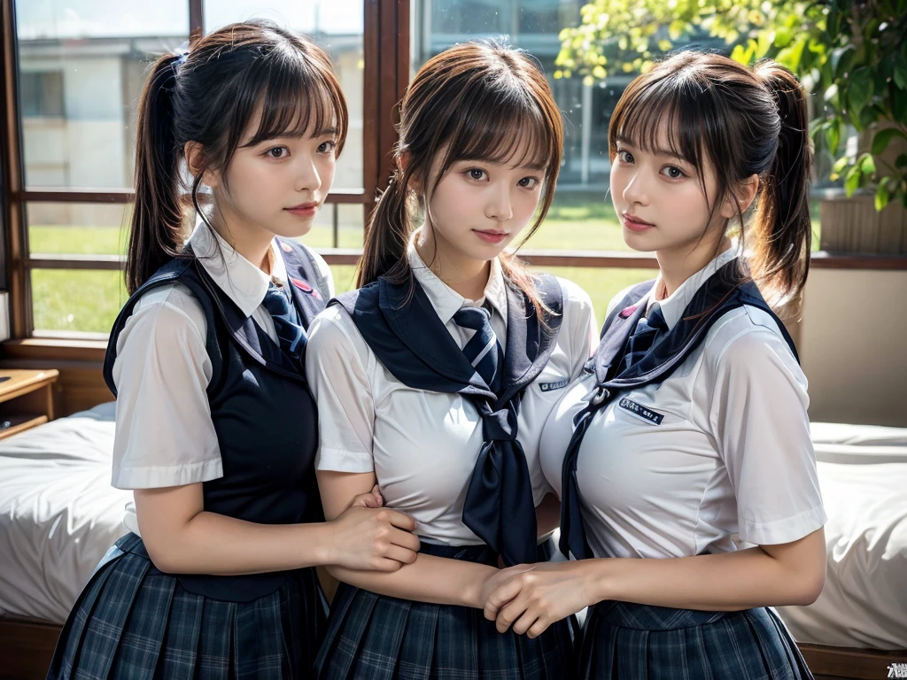 (RAW photo, 4k, masterpiece, high resolution, extremely complex) (realistic: 1.4), cinematic lighting
((2 girls, 2 schoolgirls)),Slam Dunk's,blushing,((innocent)),bright eyes,round eyes,blunt bangs,(ponytail:1.3),black hair,large breasts,wide hips,Summer Noon, ,Hot, (Best Quality), (Highres), (an Extremely Delicate and Beautiful),(Beautiful 8k face),(Brown eyes),( spectators),(gigantic breasts),(Play with each other,Touching each other's bodies,Touching the body),(Japanese high school uniform:1.3),blue skirt,(reality),bright lighting,(The background is a luxury hotel room)