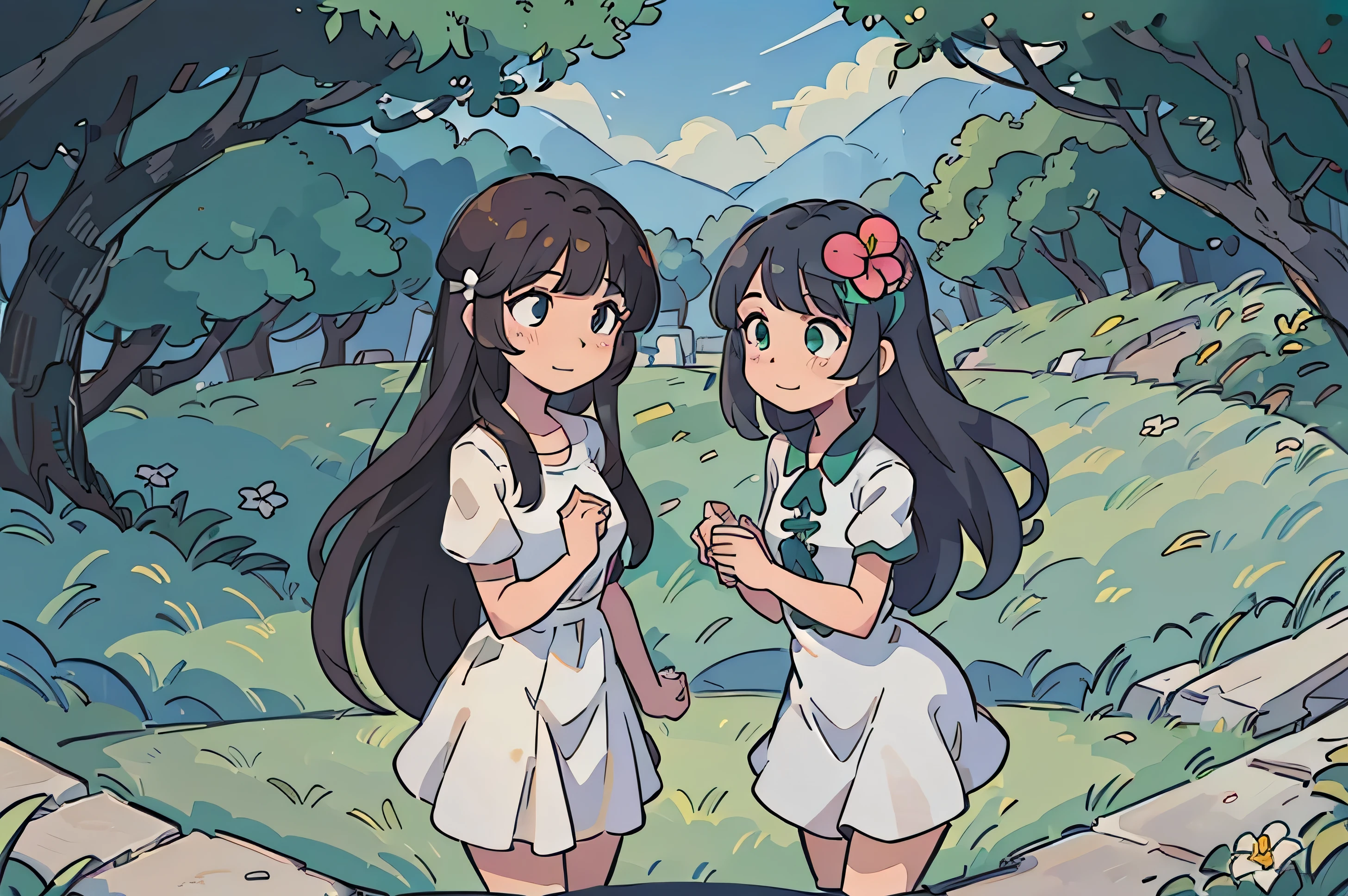(melhor qualidade:0.8) anime perfeito (Character reference:1.2) illustration, a garota camponesa, with long flowing hair, heterocromia, lindo vestido de camponesa, garota feliz, dia de sol radiante, a garota mora em uma casa no campo, onde tem arvores, flores, frutas, e cores vivas, a garota tem duas amigas, garota muito feliz, muito fofa, amor pela natureza, vestidos, arte conceitual, multiple angles