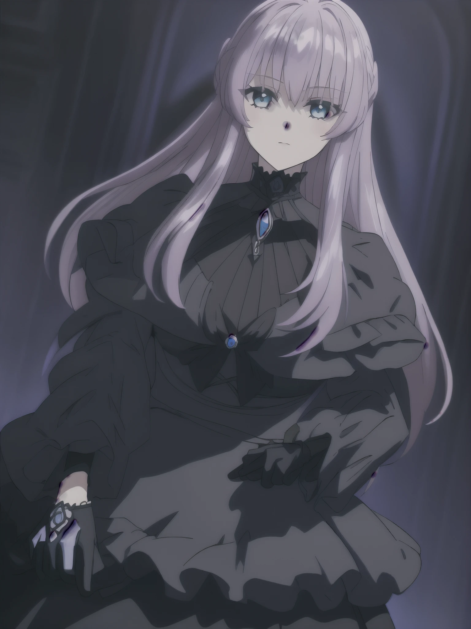 (((Best quality))),((Ultra-detailed)),((illustration)),((Disheveled hair)),((frilld)),(1 girl), 1girl , bangs , black capelet , black dress , black gloves , blue eyes , bow , brooch , capelet , closed mouth , dress , expressionless , eyebrows visible through hair , frilled capelet , frills , gem , gloves , hair between eyes , jewelry , juliet sleeves , long hair , long sleeves , looking at viewer , night , pink hair , puffy sleeves , purple hair , solo , very long hair , wide sleeves