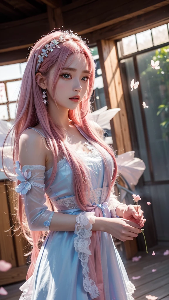 (CG unity 8K wallpaper extremely detailed) (Better quality) (Better lighting) (an extremely delicate and beautiful) (floating) (beautiful) (The breath of spring) (1 Girl) (Long pink hair), (Hair Headband), (detailed and beautiful blue eyes), ((Very short white dress, pink Lace underside), (Lace), ((Light transparent silk))), (Cherry blossom petals), (Butterfly), (Every time), (Volumetric Light) movie lighting, Chromatic Aberration, Sony FE GM, Textured Skin, High Detail, 高解析Every time, 8K