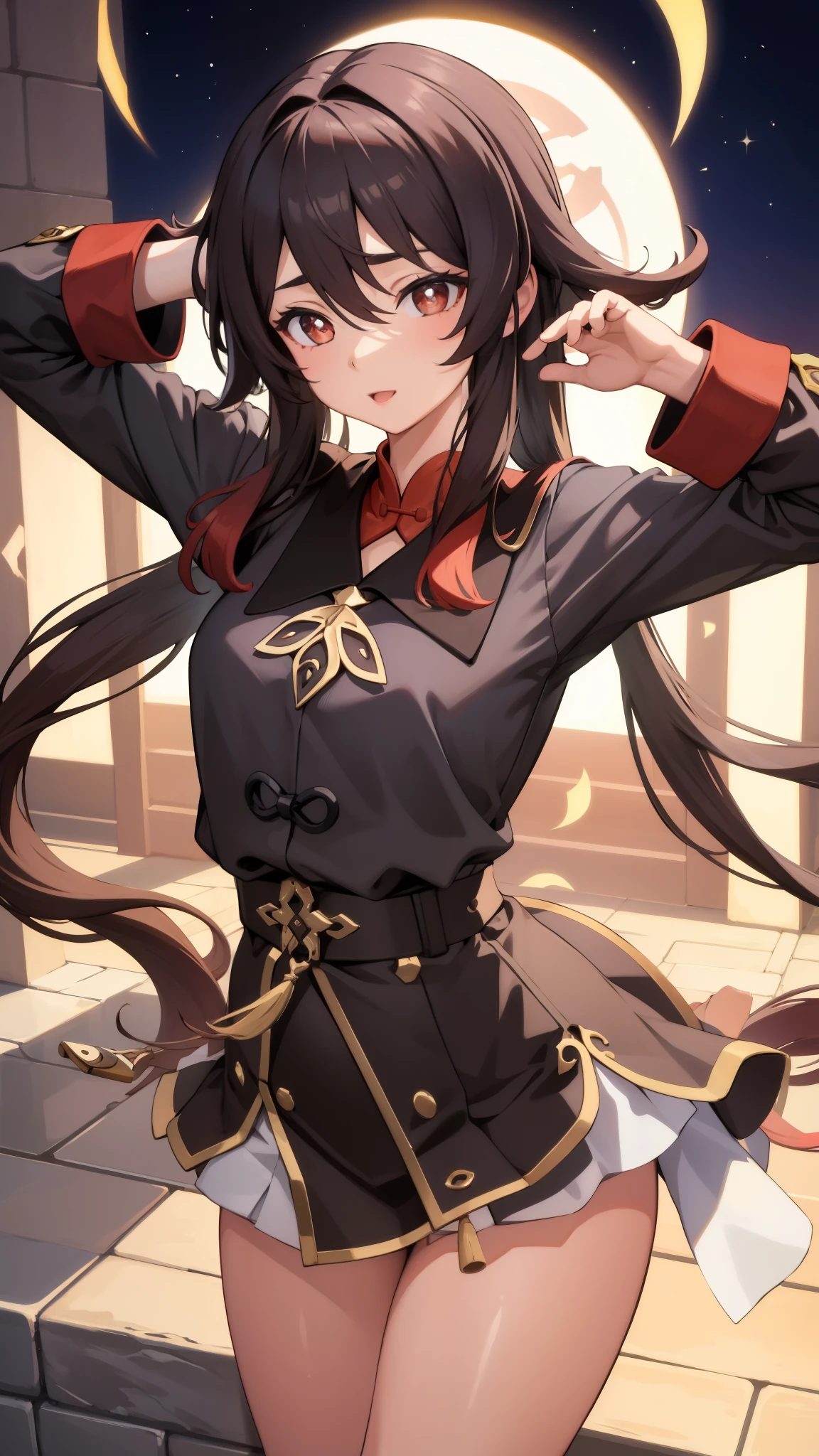 masterpiece, best quality, HuTaoV4, 1girl, solo, in amine with on clothes and his hand on his