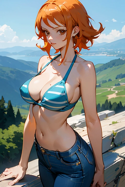 Nami from the anime one piece on a mountain, slim young woman of average height with orange hair and brown eyes, big breasts, big butt, low waist jeans, bikini top, visible v cut, lean body