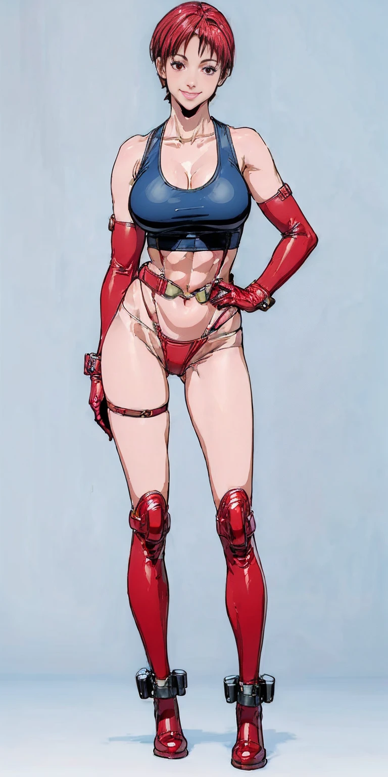 (plain background, 8k, best quality, masterpiece, realistic, photo-realistic:1.37) (full body height standing straight symmetrical contrapposto) (looking at viewer) 2legs apart (wide stance) ultra detailed, 1solo cute girl (beautiful detailed eyes) (smile:1.2) (closed mouth) view from below depth of field, good composition, bob hair, perfect knockers, suspenders, toned body, athletic, wide hips, thin waist, toned arms, exposed abdomen, abs toned, navel, big belly button belt ((red cheeks, red eyes, red tank top, red thong, red gloves gauntlets, red stockings thighs)) (Kei Kishimoto)