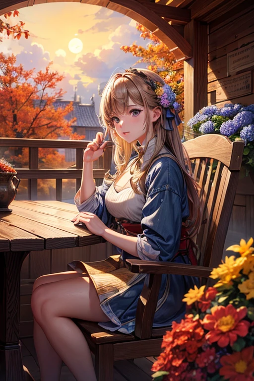 masterpiece, 最high quality, high quality, Very detailed CG 8k wallpaper unit, scenery, Outdoor, set up, Medieval Tavern, autumnの空, autumnの夕暮れ, autumn、winter, Cloudy, The big moon shines, Award-winning photography, Depth of written boundary, High resolution, Flowers, squirt, Hydrangea, Realistic, Very detailed, Complex, High detail, dramatic, Art on the go, Art Station Trends, CGsociety Trends, chromatic aberration.