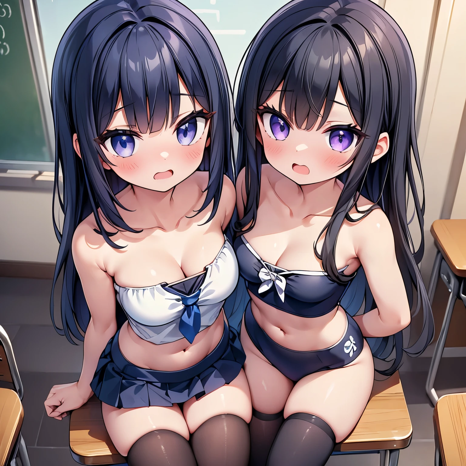 (cute eyes:1.2), (sparkling eyes:1.2), (8K、Best image quality、highest quality、masterpiece)、Detailed face、(2 girls)、Improve、(Black Hair, Purple Eyes, long hair)、(open mouth), (embarrassed), (skinny body:1.3),(small breasts), (strapless, School Swimsuit:1.2), (collarbone:1.1), (cleavage), (crop top navel), Sit on a chair, Classroom Background, (black stockings:1.1), (Thighs:1.1), (Waistline:1.1),(close-up shot of bust), (from above:1.2)