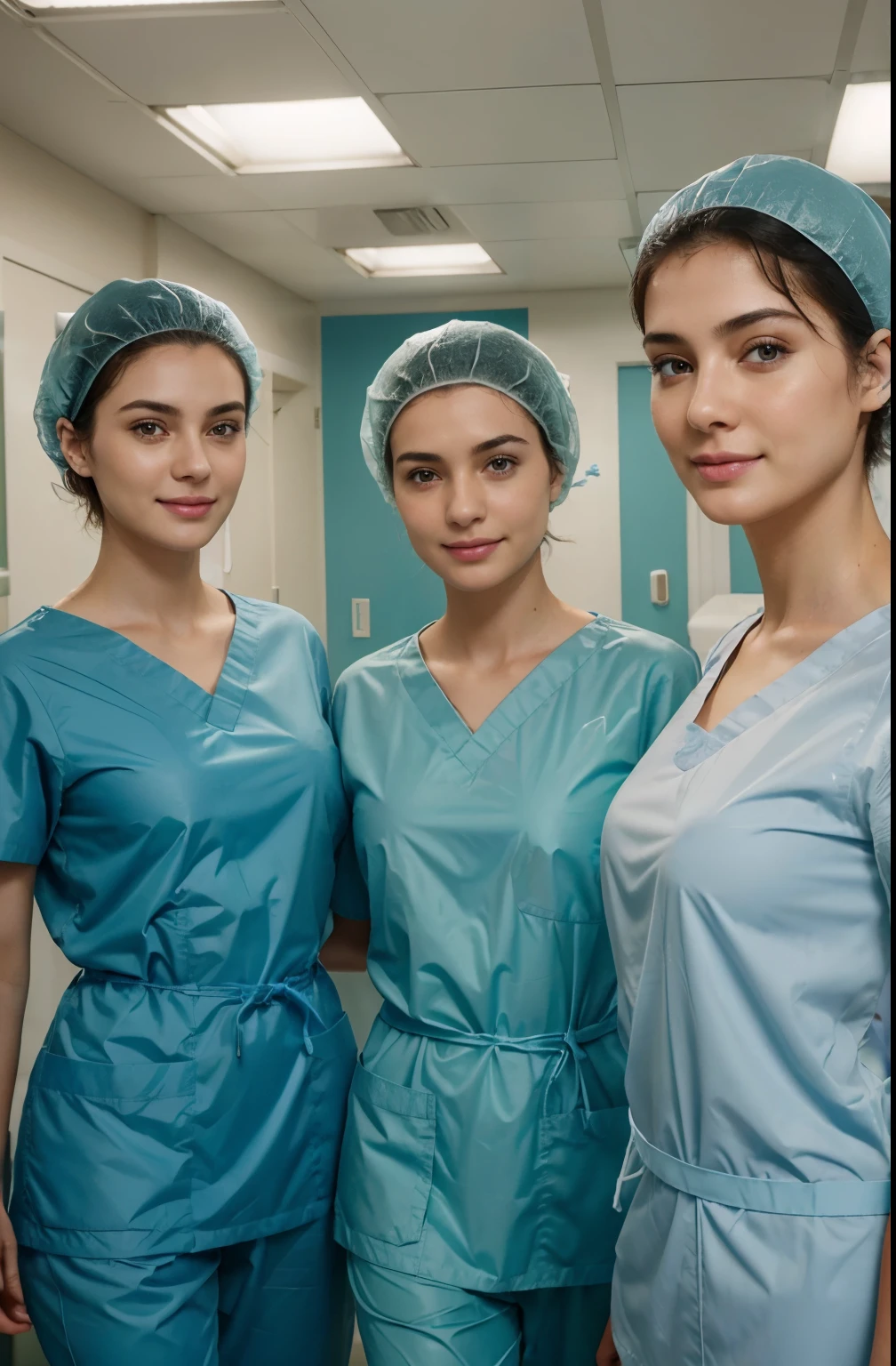 Ultra realistic, A Realistic Portrait of 3 italian teenager girls (15 years old), as surgical nurses, all girls standing in operation room, working in surgery, 15 years old, looking at the camera, perfect slim body, amateur Photography, Photorealistic, Detailed, analog, poor quality, grainy, team of 3 surgical nurses,d, body, pale skin, beautiful faces, big smile, detailed face, ultra soft and ultra light slight small teal women hospital scrubs, dark teal surgical scrubs, wide angle showing full body, hospital ward, people, bokeh, ultra-short hair fully covered by nylon shower caps Beautiful, detailed face, detailed eyes, (realistic skin:1.3), (pale skin:1.1), (textured skin:1.3), (()), big smile, (iphone photograph), ), (artificial lighting:1.3), all women wearing vinyl shower caps, no hair tails, short hair!, non nude, long surgical scrub tops, belly fully covered by dark-teal surgical scrubs