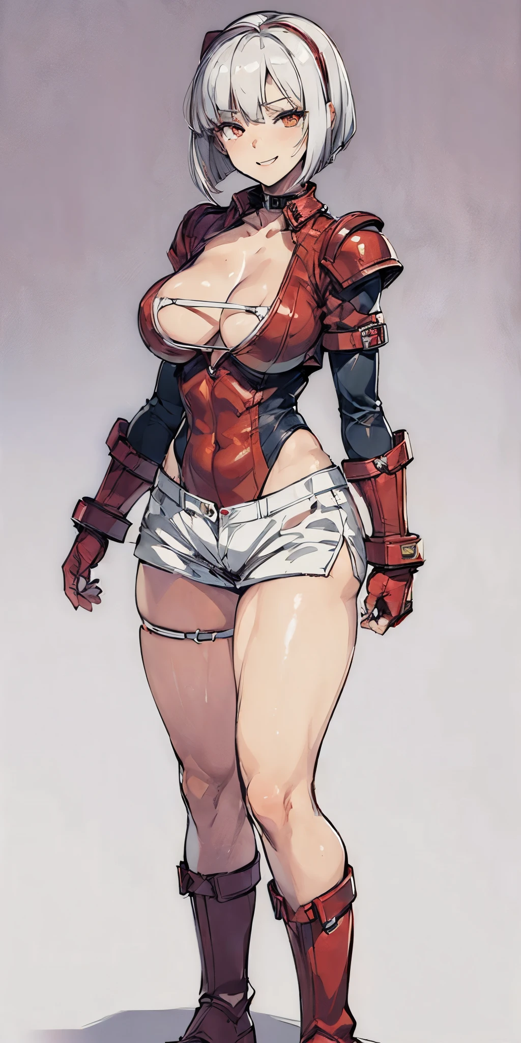 ((Plain background 1:2)) (Cammy White Street Fighter white silver short bob haircut) Female full body standing straight symmetrical looking to the viewer RED full body armored big breast knockers cleavage, leather collar choker, happy smile red cheeks, red gauntlets, red gloves, red military boots