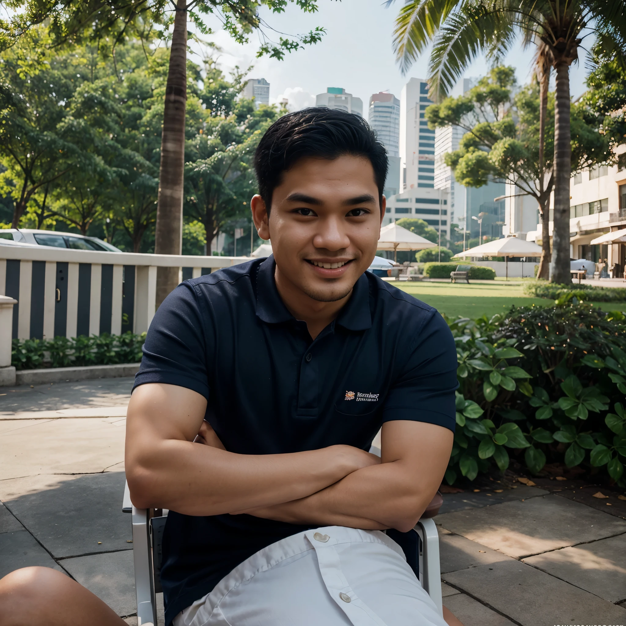 Realistic 3D caricature. Big head. 27 year old Indonesian man. Slightly full height, slightly round face shape, very handsome, slightly round eyes, bright white skin, smile, black hair parted to the left, hair cut thinly to the side, wearing a NAVY blue shirt. sitting position on a park chair while holding a DSLR camera, arms full, background of Petronas Malaysia, beautiful afternoon atmosphere. Use soft photography lighting with hair lights, edge lights, and top lights. Photos with very high detail