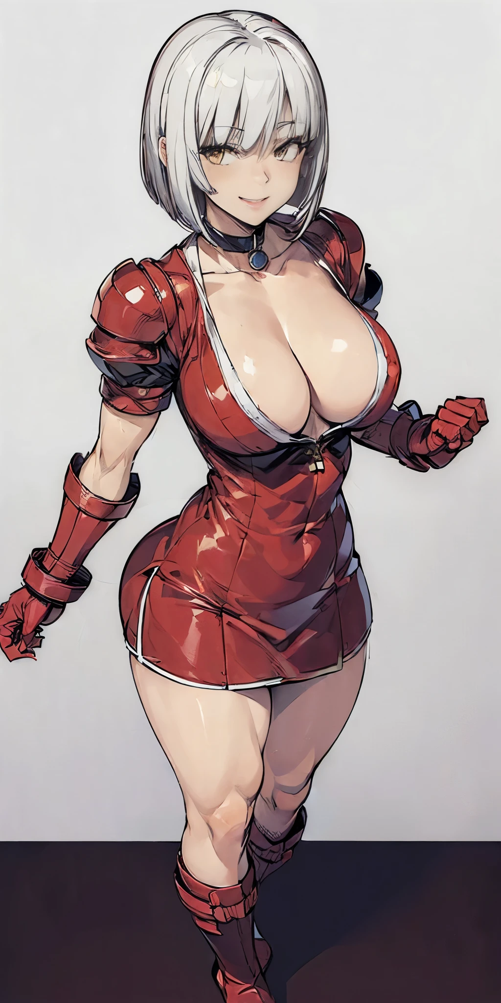 ((Plain background 1:2)) (Cammy White Street Fighter white silver short bob haircut) Female full body standing straight symmetrical looking to the viewer RED full body armored big breast knockers cleavage, leather collar choker, happy smile red cheeks, red gauntlets, red gloves, red military boots