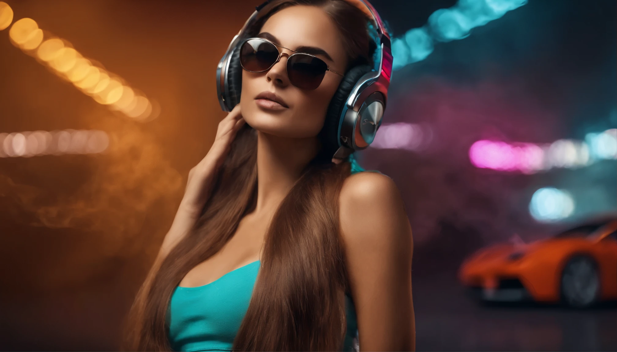 In the foreground is a beautiful young girl with long hair., wearing large stylish headphones. She looks confident and immersed in the music. There is a sports car in the background, shrouded in colorful smoke, creating a vibrant and dynamic atmosphere.
Details for creating a picture:
Main object:
beautiful young girl in bikini,in sunglasses.
long hair.
Large stylish headphones.
the background:
sports car (Sports car).
colorful smoke, surrounding car.
Style and mood:
Modern and dynamic style.
Bright and rich colors for smoke.
An atmosphere of energy and movement.
Technical specifications:
a high resolution.
Realistic or semi-realistic stylization.
Well-detailed details of headphones and car.
Dramatic lighting to create striking contrasts and highlight key elements