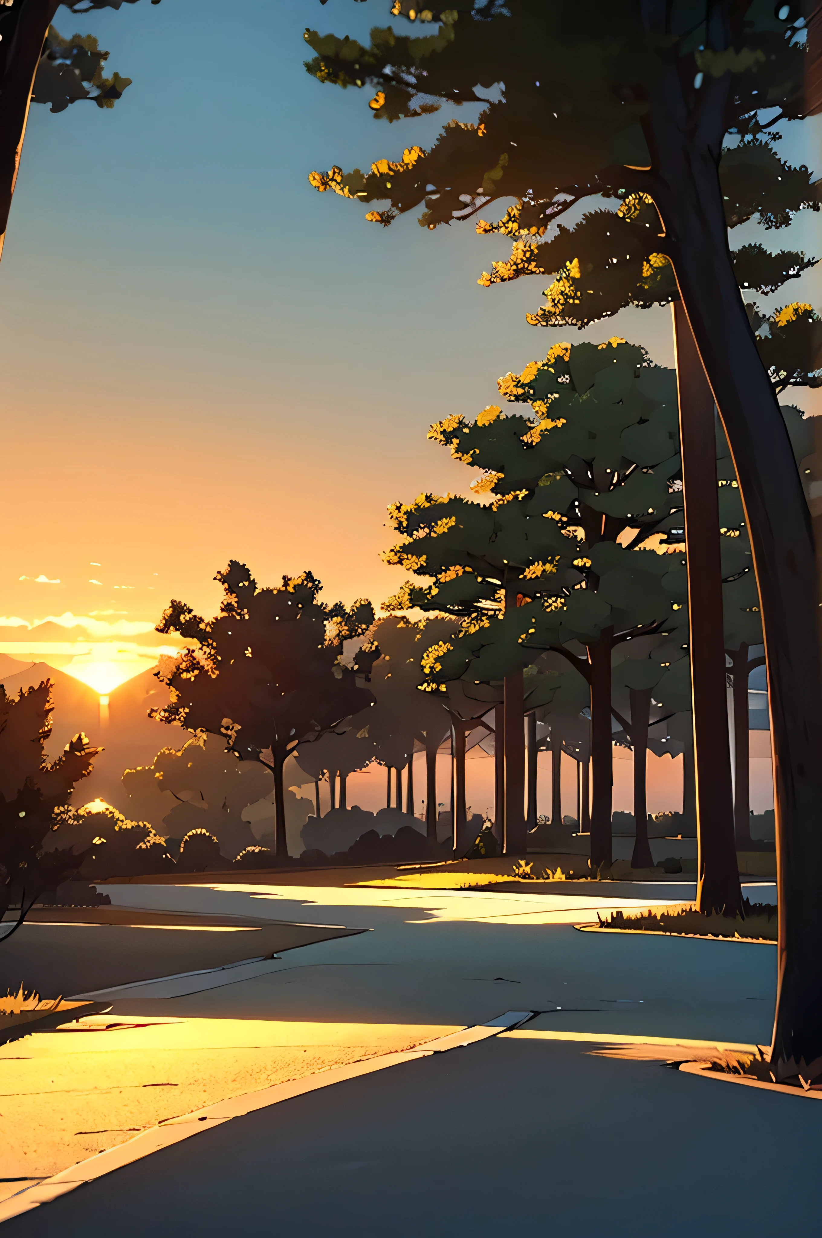 spacious place, trees, por do sol. animation style, 2D