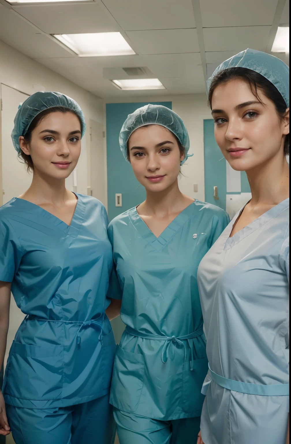 Ultra realistic, A Realistic Portrait of  3 italian teenager girls (15 years old), as surgical nurses, all girls standing in operation room, working in surgery, 15 years old, looking at the camera, perfect slim body, amateur Photography, Photorealistic, Detailed, analog, poor quality, grainy, team of 3 surgical nurses,d,  body, pale skin, beautiful faces, big smile, detailed face, ultra soft and ultra light slight small teal women hospital scrubs, dark teal surgical scrubs, wide angle showing full body,  hospital ward, people, bokeh, ultra-short hair fully covered by nylon shower caps Beautiful, detailed face, detailed eyes, (realistic skin:1.3), (pale skin:1.1), (textured skin:1.3), (()), big smile, (iphone photograph), ), (artificial lighting:1.3), all women wearing vinyl shower caps, no hair tails, short hair!, non nude, long surgical scrub tops, belly fully covered by dark-teal surgical scrubs