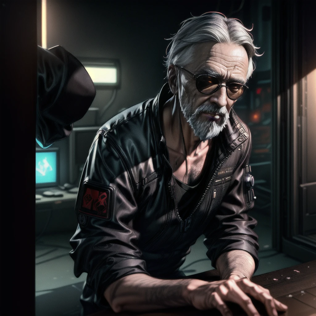 Masterpiece, best quality, (highly detailed CG unity 8k wallpaper), (best quality), (best illustration), (best shadows), isometric 3D , octane rendering, ray tracing, highly detailed, oldman master storyteller ancient philosopher cyberpunk closeup view