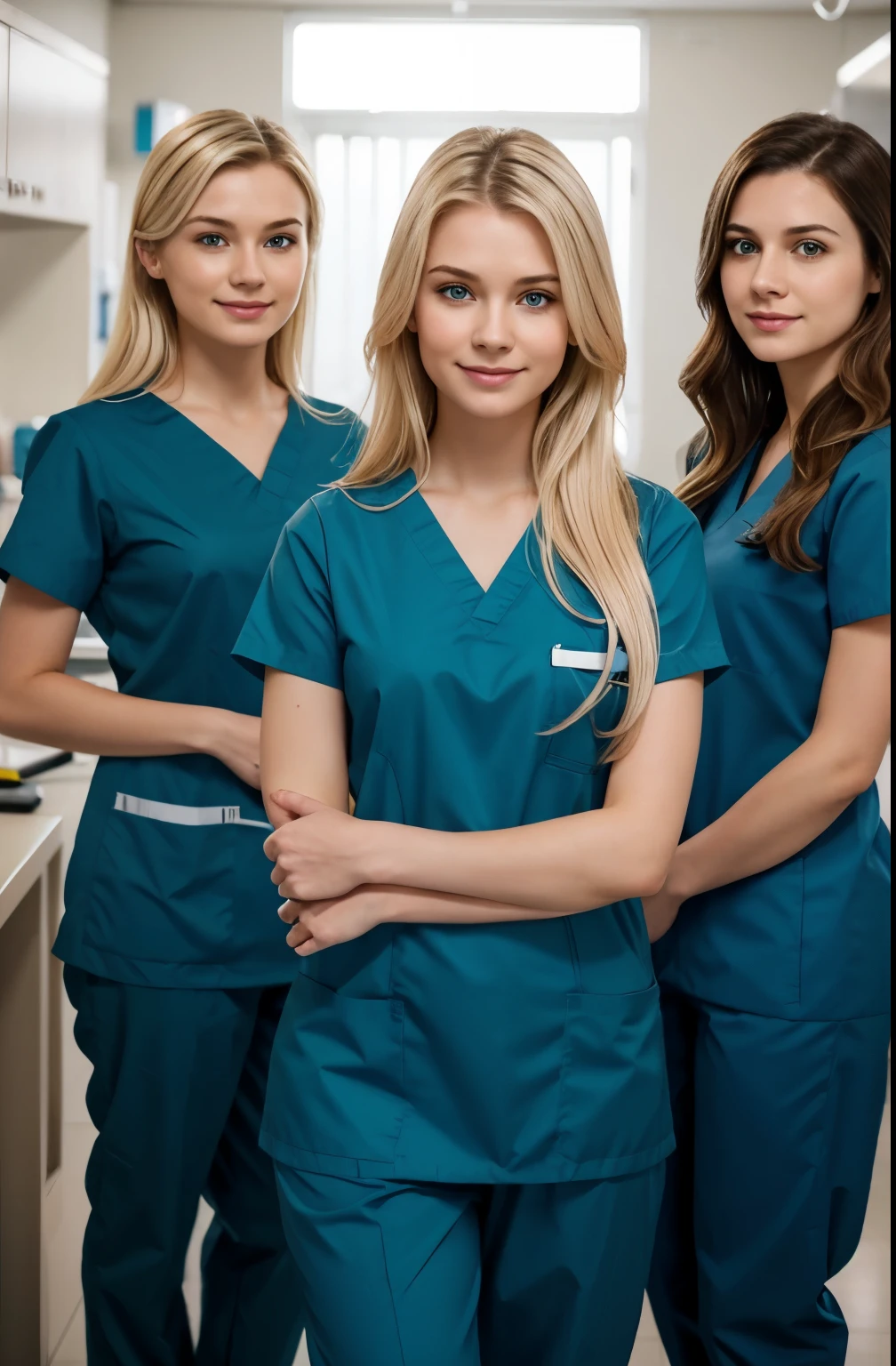 Ultra realistic, Cinematic, team of 3 surgical nurses, 3 swedish teeanger girls, blonde hair all girls standing, working in surgery, , body, pale skin, beautiful face, big smile, detailed face, ultra soft and ultra light slight small teal women hospital scrubs, teal hospital scrubs, wide angle showing full body, hospital ward, people, bokeh