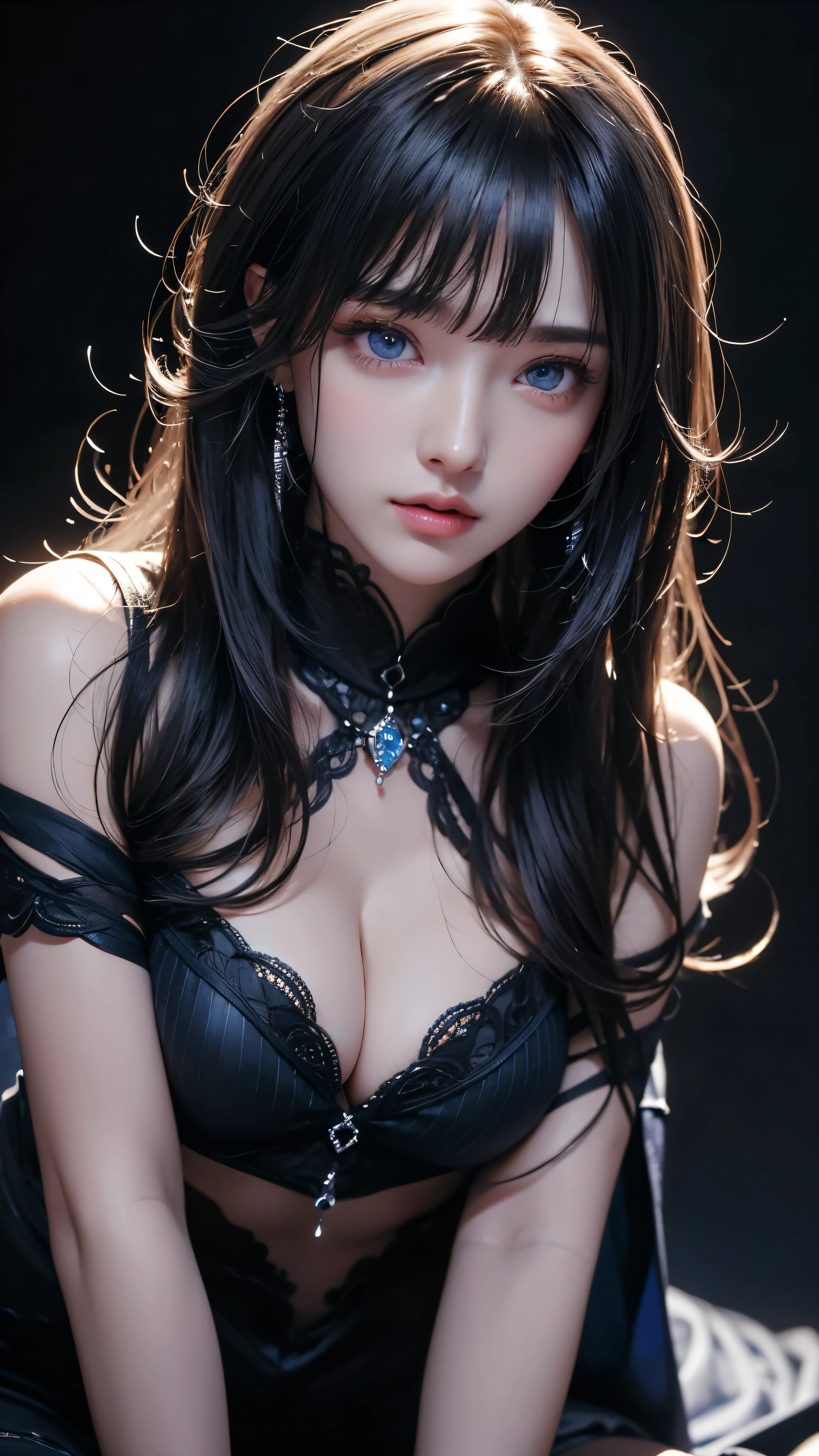 masterpiece, highest quality, Super detailed, Facing the camera, Super detailed, Realistic, Sharp features, Very detailed, Sharp focus, Perfect Face, Perfect Face, Perfect symmetrical perfect eyes, Perfect Plump Lips, Flexible female form, Cinematic, Film Light, Super detailed, hyper Realistic, masterpiece, Atmospheric, High resolution, Vibrant, Dynamic Studio Lighting, ((Dark Background)), The expression when enduring pleasure, Straight bangs, blue eyes,Black sweater, Cowboy Shot,The cleavage is visible、Cowgirl、Body Piercing
