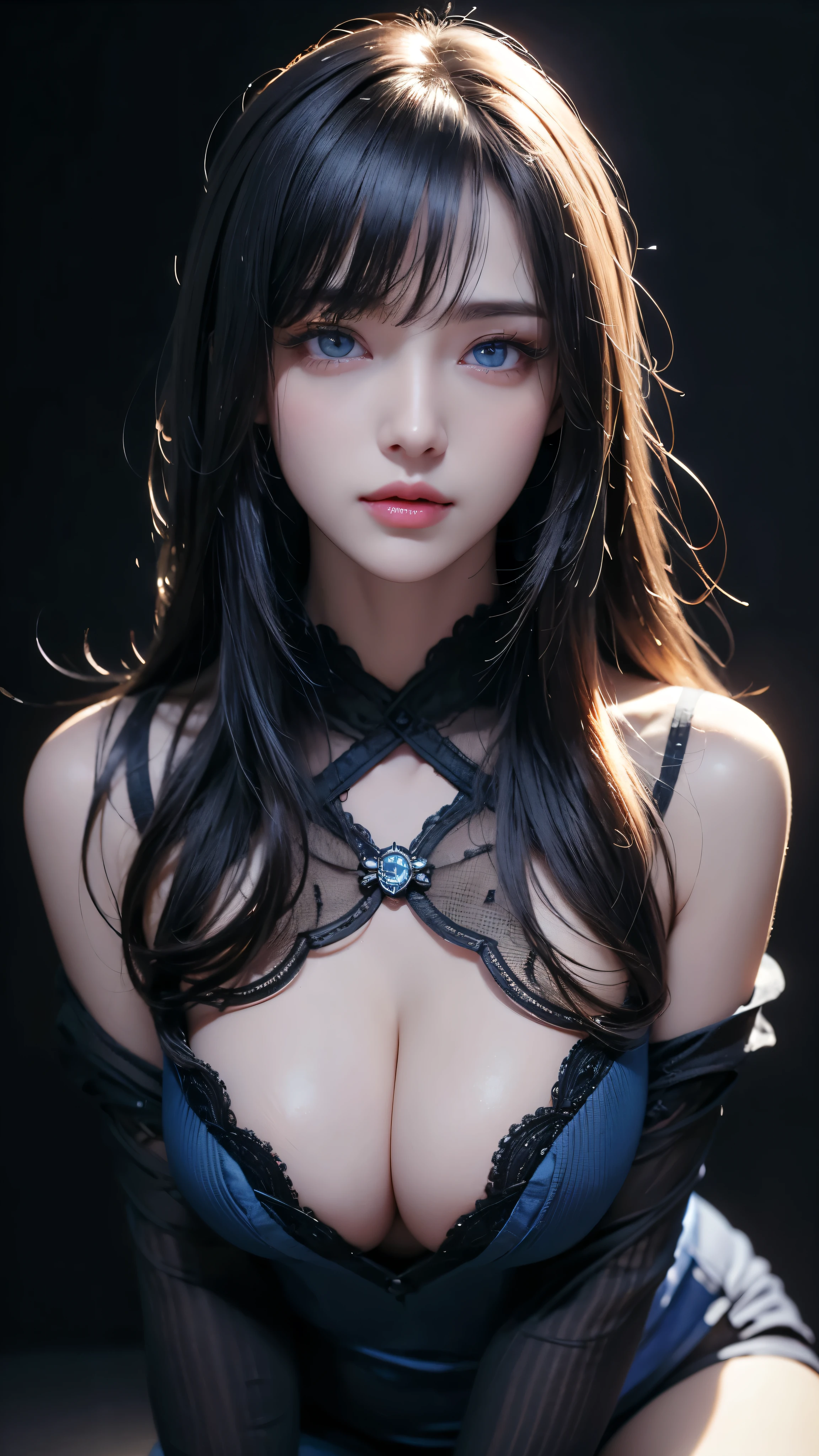 masterpiece, highest quality, Super detailed, Facing the camera, Super detailed, Realistic, Sharp features, Very detailed, Sharp focus, Perfect Face, Perfect Face, Perfect symmetrical perfect eyes, Perfect Plump Lips, Flexible female form, Cinematic, Film Light, Super detailed, hyper Realistic, masterpiece, Atmospheric, High resolution, Vibrant, Dynamic Studio Lighting, ((Dark Background)), The expression when enduring pleasure, Straight bangs, blue eyes,Black sweater, Cowboy Shot,The cleavage is visible、Cowgirl、Body Piercing