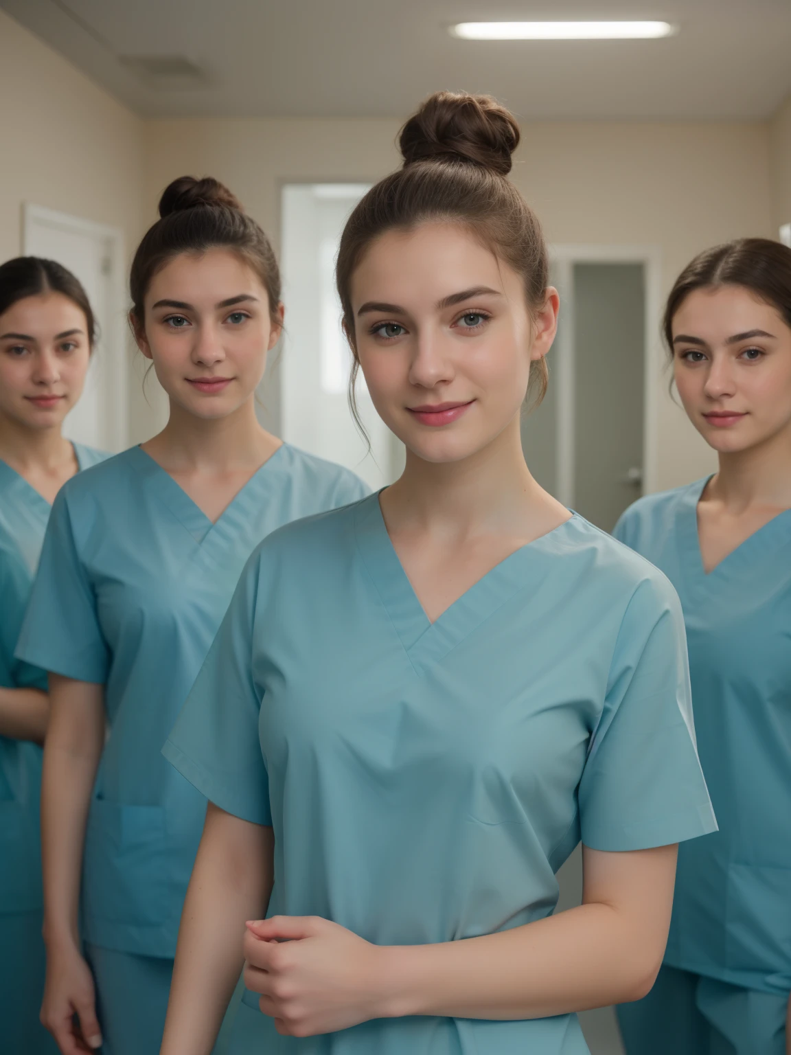 A Realistic Portrait, of three teenager girls, ,  of 3 surgical nurses, 3 italian teeanger girls, all girls standing, working in surgery, body, pale skin, beautiful face, big smile, detailed face, ultra soft and ultra light slight small teal women hospital scrubs, teal hospital scrubs, wide angle showing full bod, Beautiful, detailed face, detailed eyes, (realistic skin:1.3), (pale skin:1.1), (textured skin:1.3), (()), big smile, (iphone photograph), (perfect small breasts:1.1),  (artificial lighting:1.3),  looking at the camera, perfect slim body, amateur Photography, Photorealistic, Detailed, analog, poor quality, grainy, standing in operation room, wearing dark-teal surgical scrubs, wide angle, showing full body, short hair tied up, hair bun, hair tied as chignons