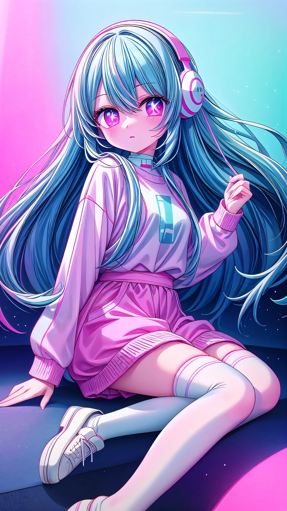 ，White knee socks，Long light blue hair，Pink and white sweatshirt，pink eyes，Blue headphones