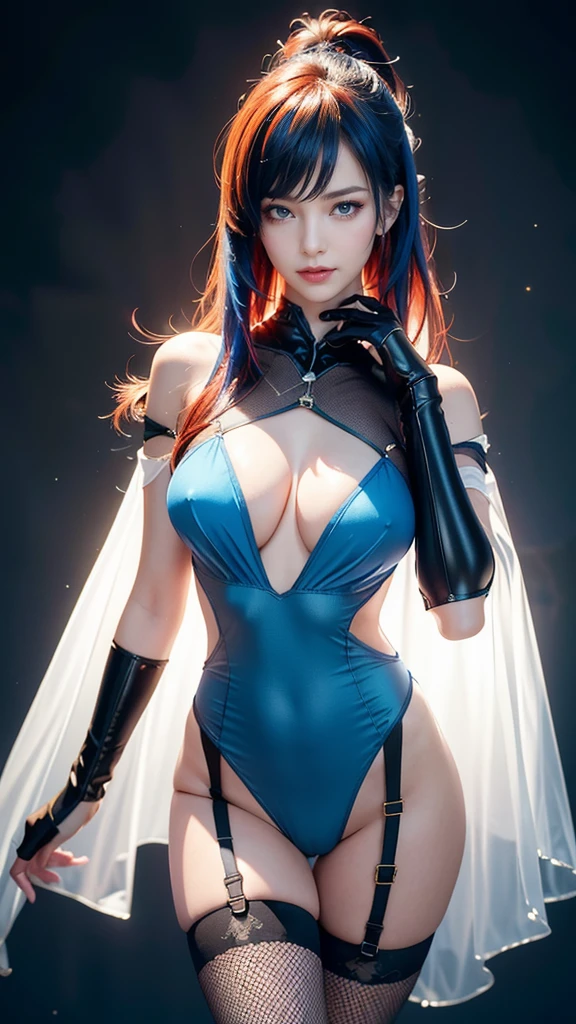 8K Ultra HD、Digital SLR Camera、soft light、high quality、Volumetric Lighting、frank、photo、high resolution、4k、8K、Bokeh,Rich details on the eyes and face,Warm colors, Extremely saturated colors,Show a faint smile, Pretty Face,Create stunning images of real girls, warm light, Dynamic poses, Elegant Posture, Cowboy lens, Look confident from the front,Posture dynamic,Front standing posture,(The audience gazes:1.1),Open your legs slightly,Post-apocalyptic background,Chinese women,Golden ratio figure,Minimalism, Transparent and visible skin, Mesh dress, Flowing mesh cape,Half naked,Blue-red hair、Gradient hairstyles,Cyberpunk hairstyle,(Cleavage、Breast augmentation、Sexy、Very detailed breasts,34E cup),(Clear knee-length socks、Garter、Garter、腿部Garter)
