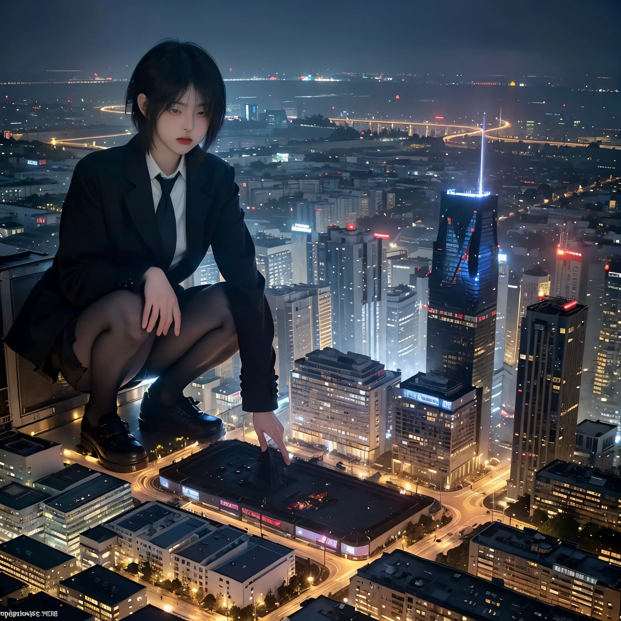 1 girls, giantess art, a hyperrealistic , , highly detailed giantess shot, der riese, Shorthair, black pantyhose, A huge high school girl that is much bigger than a skyscraper。huge tit。Navy blue blazer、Red tie、Mini Length Skirt、black pantyhose、I don't wear shoes.。very small metropoliiniature metropolis。In a miniature metropolis that is only feet tall.、Squatting down and urinating。Urine Falls。torrent of urine。sea of urine。Small trains and cars are being washed away by urine.。Full body depiction。gts, giantess, black pantyhose, pantyhose feet, pantyhose foot, ,stomping city,crash city,tiny city,micro city, peeing,