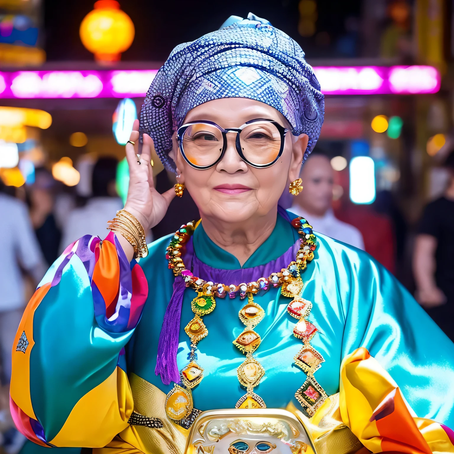 She is a plump older woman, dressed in a rather flashy style and wearing glasses.、Like a fortune teller