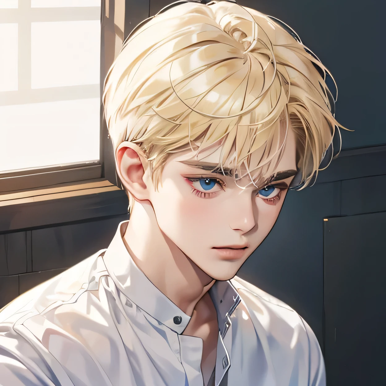 Short hair blond boy with white clothes