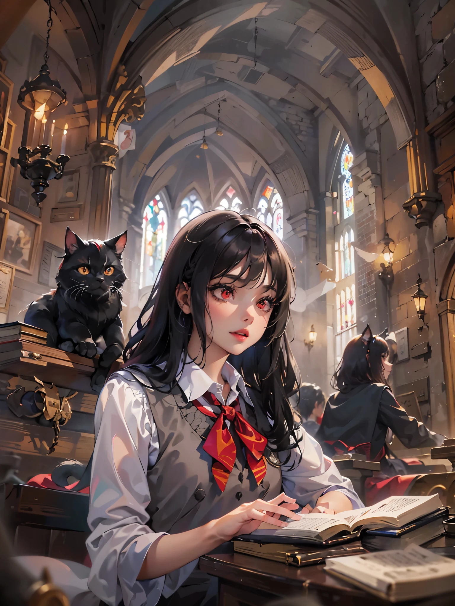 1chica junkotvv, long black hair with cat ears and red eyes Harry Potter theme magic and wizardry (varita magica en la mano y objetos volando), castillo de harry potter, hogwarts, gryffindor, que muestra a una joven profesora femenina con grandes pechos, Vestirse apropiadamente, ropa profesional, Well organized printing, youthful energy, Piel suave, ojos brillantes, Gentle and confident expression, cintura recta, Alto y segura, An air of tenacity and determination, mirada decidida, smile, Passion and dedication,Tiza en tu mano,pizarras,A group of students sat under the classroom podium,obra maestra,La mejor calidad en el mejor de los casos.,4k,8K,alta calidad,A high resolution, (harry potter style dress a black tunic white shirt with a red tie)
