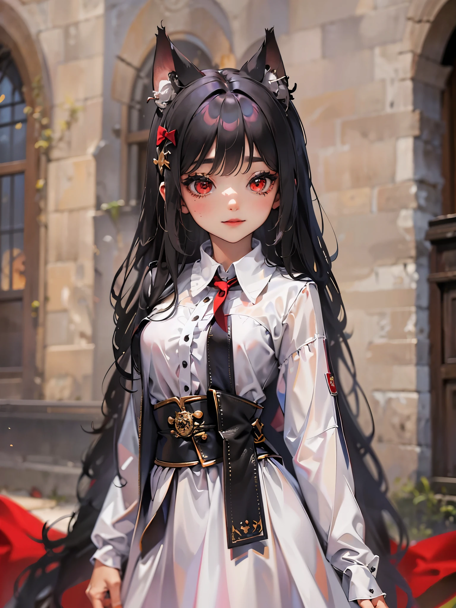 1chica junkotvv, long black hair with cat ears and red eyes Harry Potter theme magic and wizardry (varita magica en la mano y objetos volando), castillo de harry potter, hogwarts, gryffindor, que muestra a una joven profesora femenina con grandes pechos, Vestirse apropiadamente, ropa profesional, Well organized printing, youthful energy, Piel suave, ojos brillantes, Gentle and confident expression, cintura recta, Alto y segura, An air of tenacity and determination, mirada decidida, smile, Passion and dedication,Tiza en tu mano,pizarras,A group of students sat under the classroom podium,obra maestra,La mejor calidad en el mejor de los casos.,4k,8K,alta calidad,A high resolution, (harry potter style dress a black tunic white shirt with a red tie)