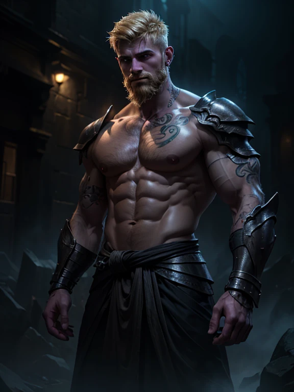 A buff, ripped eldritch entity with bare chest, blond short hair, beard, purple eyes, cloth wrapped around wrist, tattoos on chest, lip piercings, armor, masterpiece, highly detailed, cinematic lighting, volumetric fog, dramatic pose, chiaroscuro lighting, moody atmosphere, vibrant colors, digital painting, concept art style