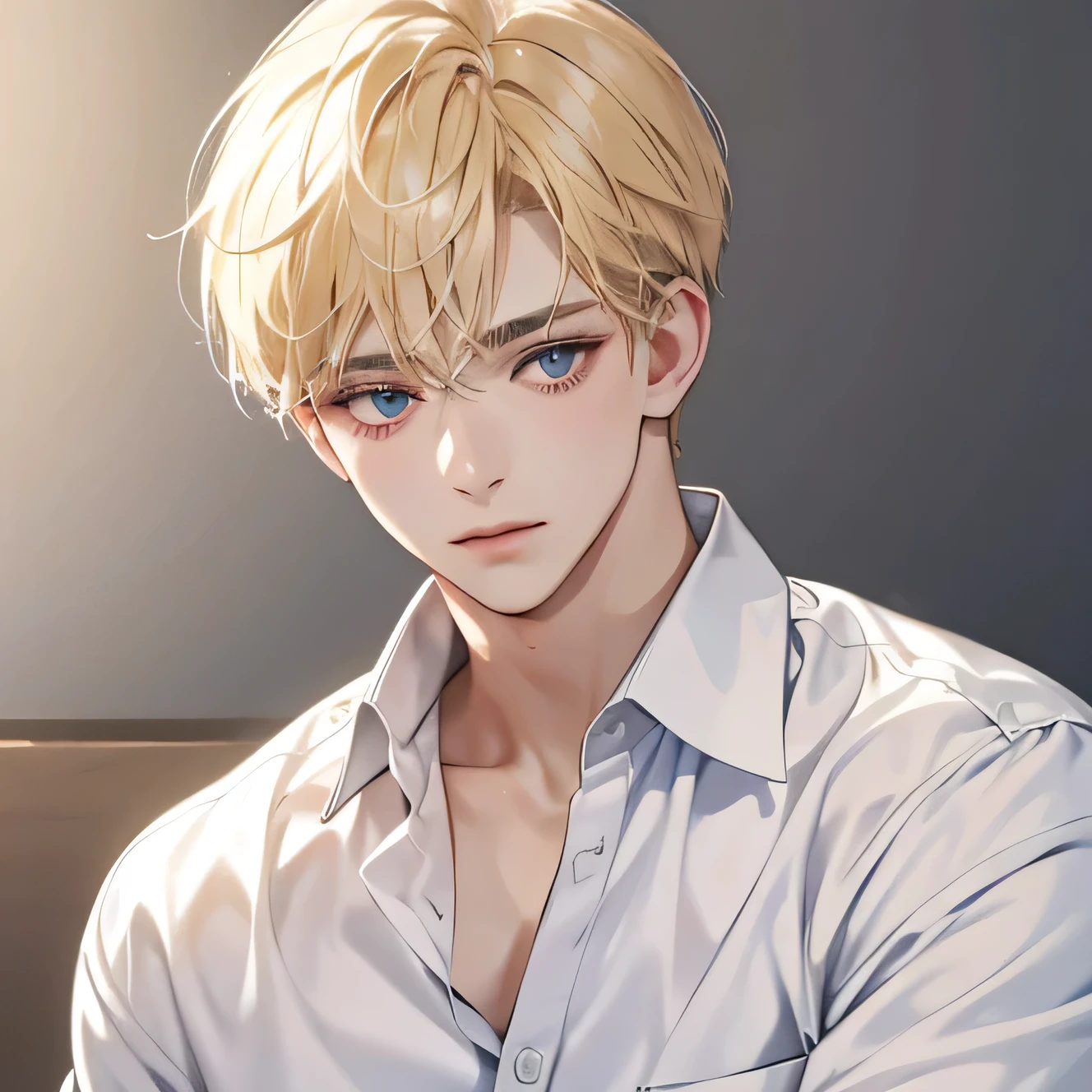 Short hair blond boy with tired eyes, white clothes