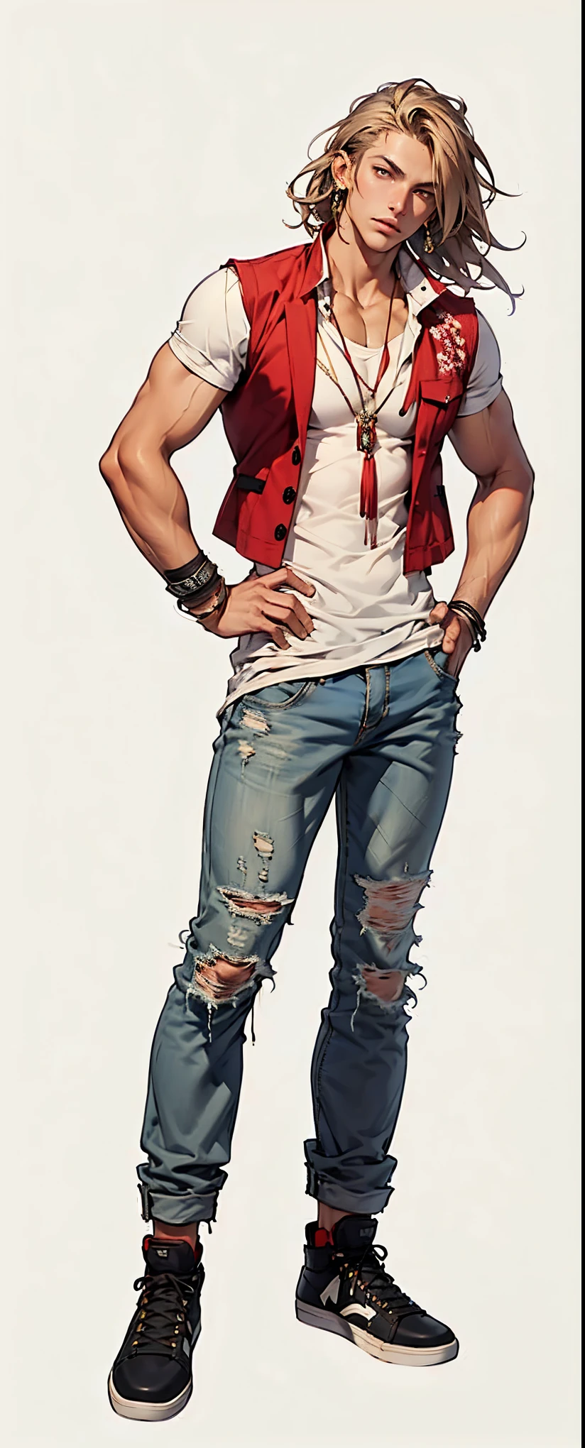 grunge boho, young man, accessories, red cloth short vest white sneakers, hands down 