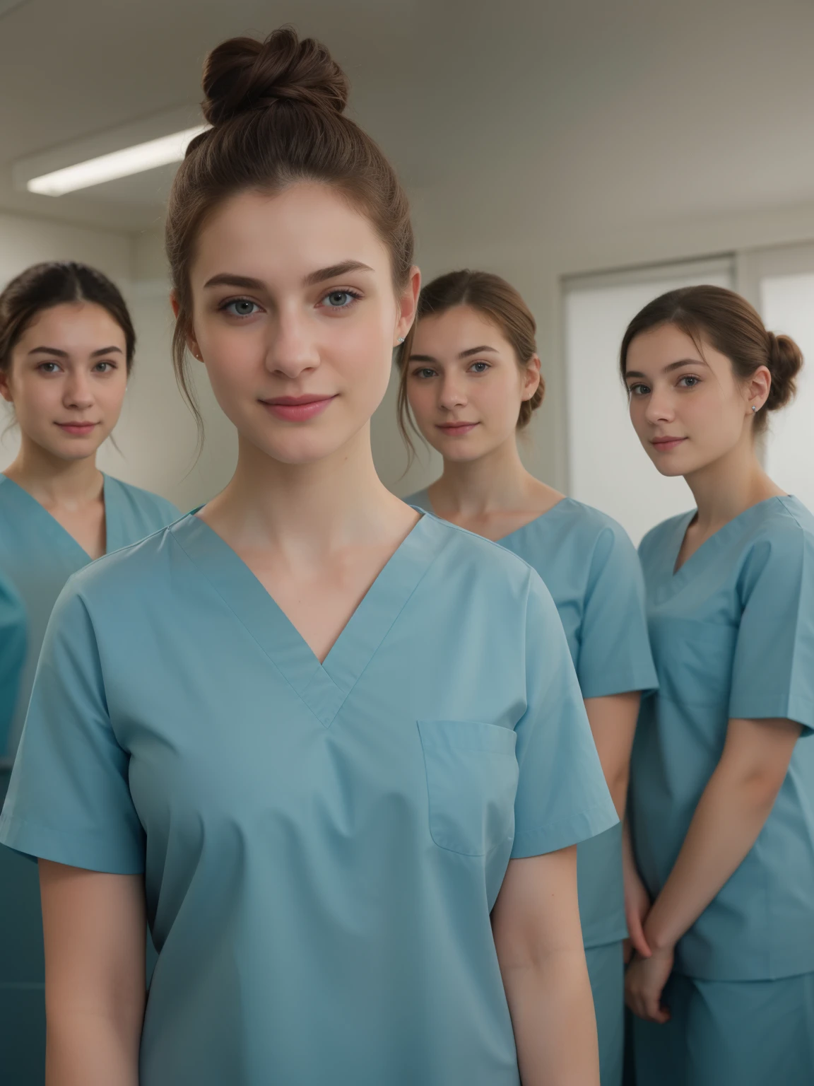 A Realistic Portrait, of three teenager girls, 16 years old,  of 3 surgical nurses, 3 french teeanger girls, all girls standing, working in surgery, body, pale skin, beautiful face, big smile, detailed face, ultra soft and ultra light slight small teal women hospital scrubs, teal hospital scrubs, wide angle showing full bod, Beautiful, detailed face, detailed eyes, (realistic skin:1.3), (pale skin:1.1), (textured skin:1.3), (()), big smile, (iphone photograph), (perfect small breasts:1.1),  (artificial lighting:1.3),  looking at the camera, perfect slim body, amateur Photography, Photorealistic, Detailed, analog, poor quality, grainy, standing in operation room, wearing dark-teal surgical scrubs, wide angle, showing full body, short hair tied up, hair bun, hair tied as chignons