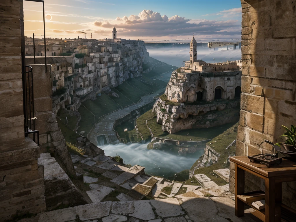 ((highest quality)), (ultra high resolution), (Super detailed), (detailed description), ((best CG)), (best work of art), super precision art, amazing drawing art, (Fantasy art with precise details:1.5), empire city similar to Venice, long entry bridge over massive waterfall into lower city. Sassi di Matera, Italy. sassi_di_matera. Outdoor in streets of Matera. The character is surrounded by mist, evoking a mysterious and eerie atmosphere. The lighting is dark and atmospheric, with a red smoke adding a touch of sinister ambiance. The image is of the best quality, with a resolution of 4k and HDR enhancement, showcasing the utmost level of detail and realism, nsfw, full body shot. [[YES SFW]], photorealistic man wearing a black hoodie is waiting for the Apocalypse.